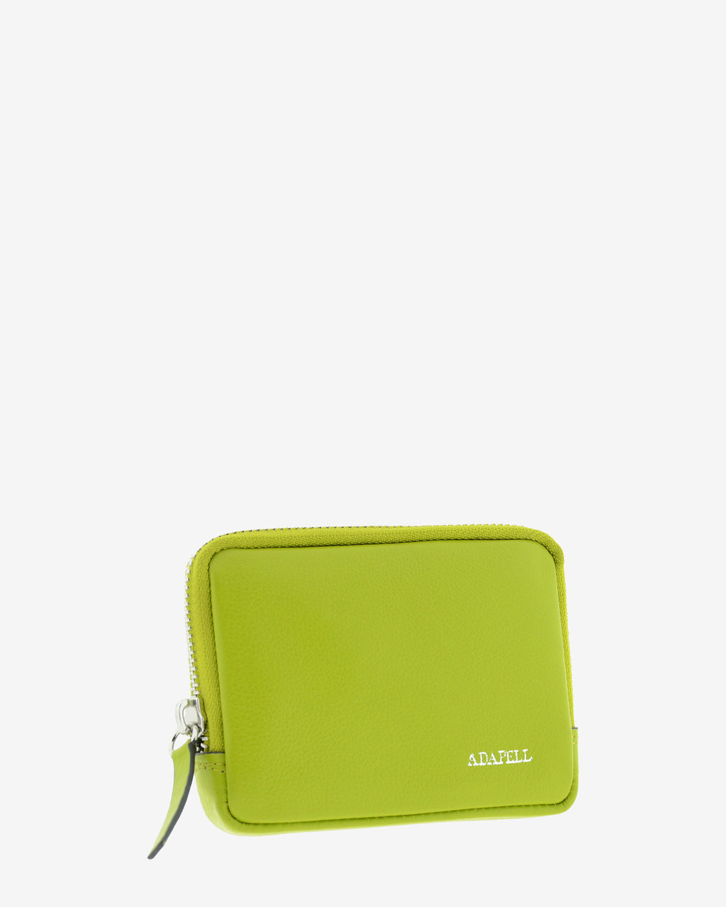 Monedero unisex de piel auténtica, ref. 8086-17, en color lima, con RFID, cremallera exterior y logo Adapell - Vista diagonal frontal
