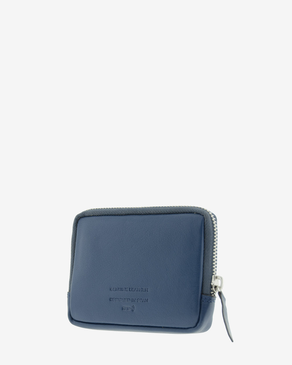 Monedero unisex de piel auténtica, ref. 8086-20, en color azul marino, con RFID, cremallera exterior y logo Adapell - Vista diagonal trasera