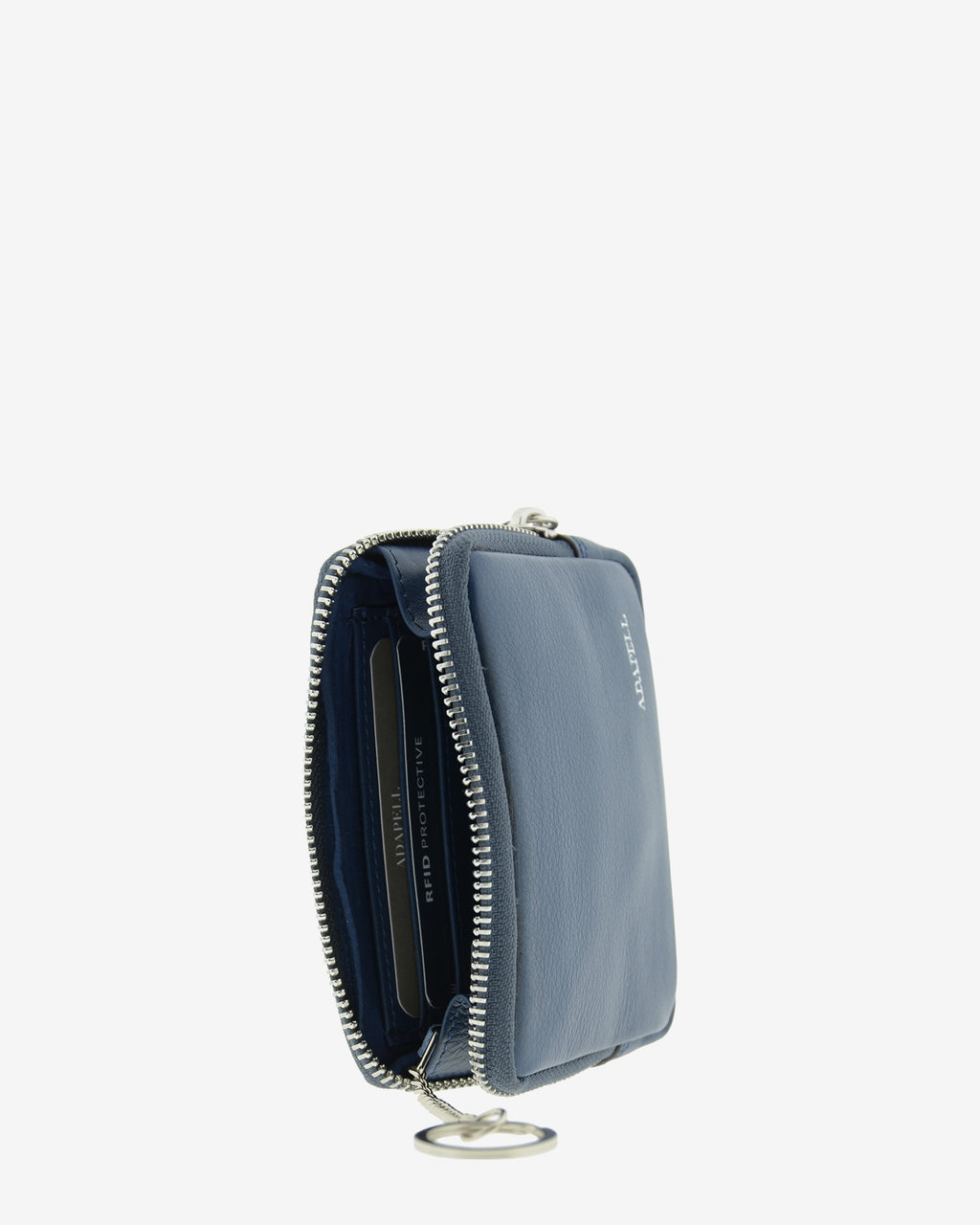 Monedero unisex de piel auténtica, ref. 8086-20, en color azul marino, con RFID, cremallera exterior y logo Adapell - Vista interior con compartimentos tarjetas y aro para llaves