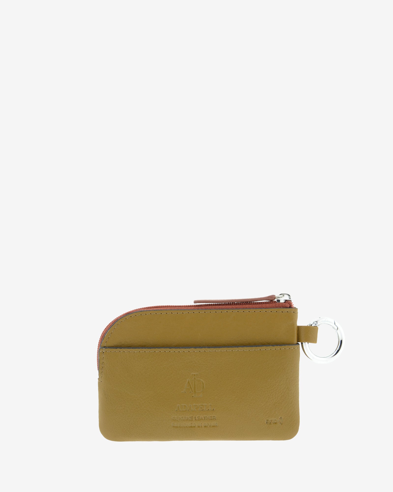 monedero de piel auténtica ref. 4251-2 en color marrón ámbar ébano, de medida pequeña y compacta, cierre de cremallera y aro metálico, con protección de tarjetas RFID de la colección Brisa, vista trasera con compartimento exterior