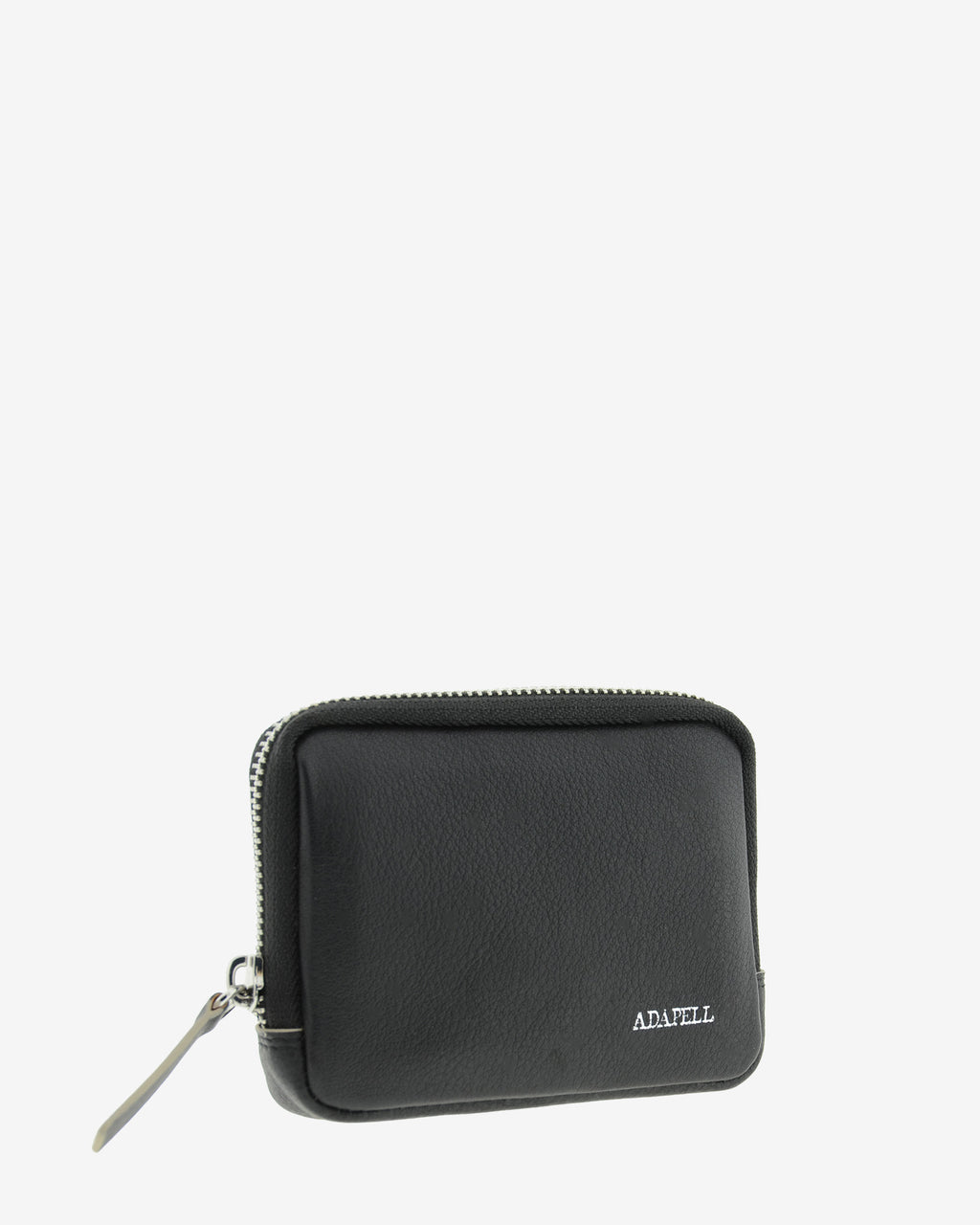Monedero unisex de piel auténtica, ref. 8086-1, en color negro, con RFID, cremallera exterior y logo Adapell - Vista diagonal frontal