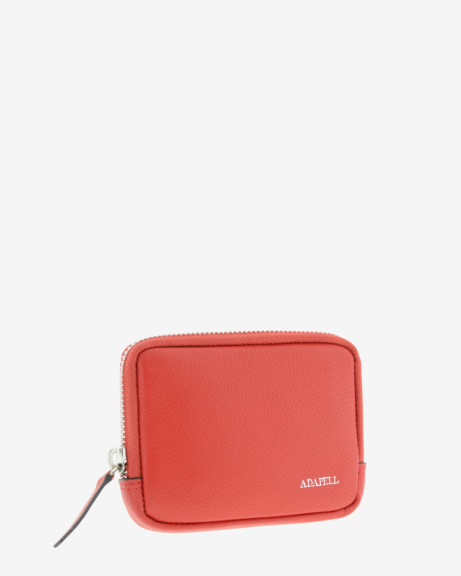 Monedero unisex de piel auténtica, ref. 8086-3, en color rojo, con RFID, cremallera exterior y logo Adapell - Vista lateral frontal