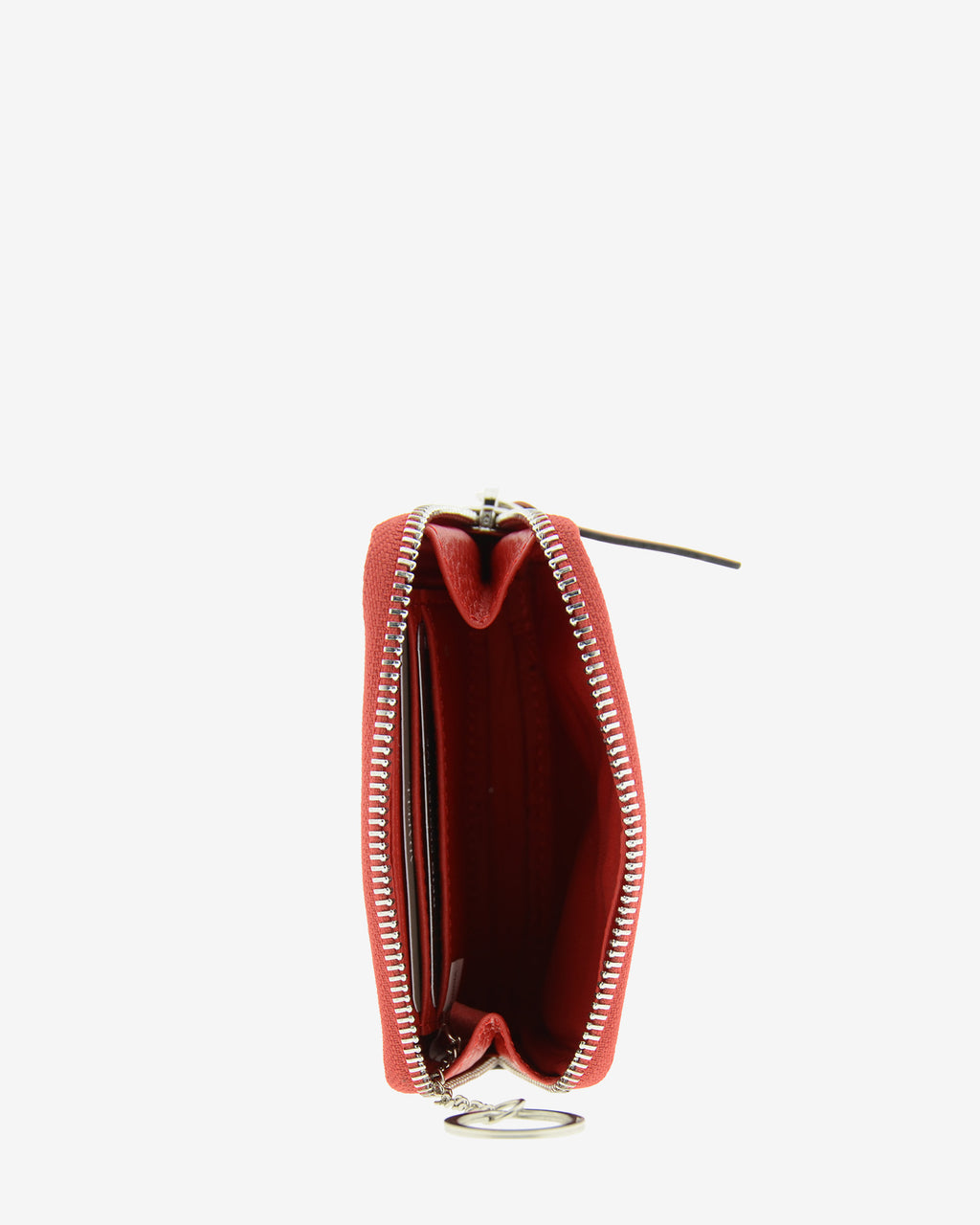 Monedero unisex de piel auténtica, ref. 8086-3, en color rojo, con RFID, cremallera exterior y logo Adapell - Vista interior con compartimentos para tarjetas y aro para llaves