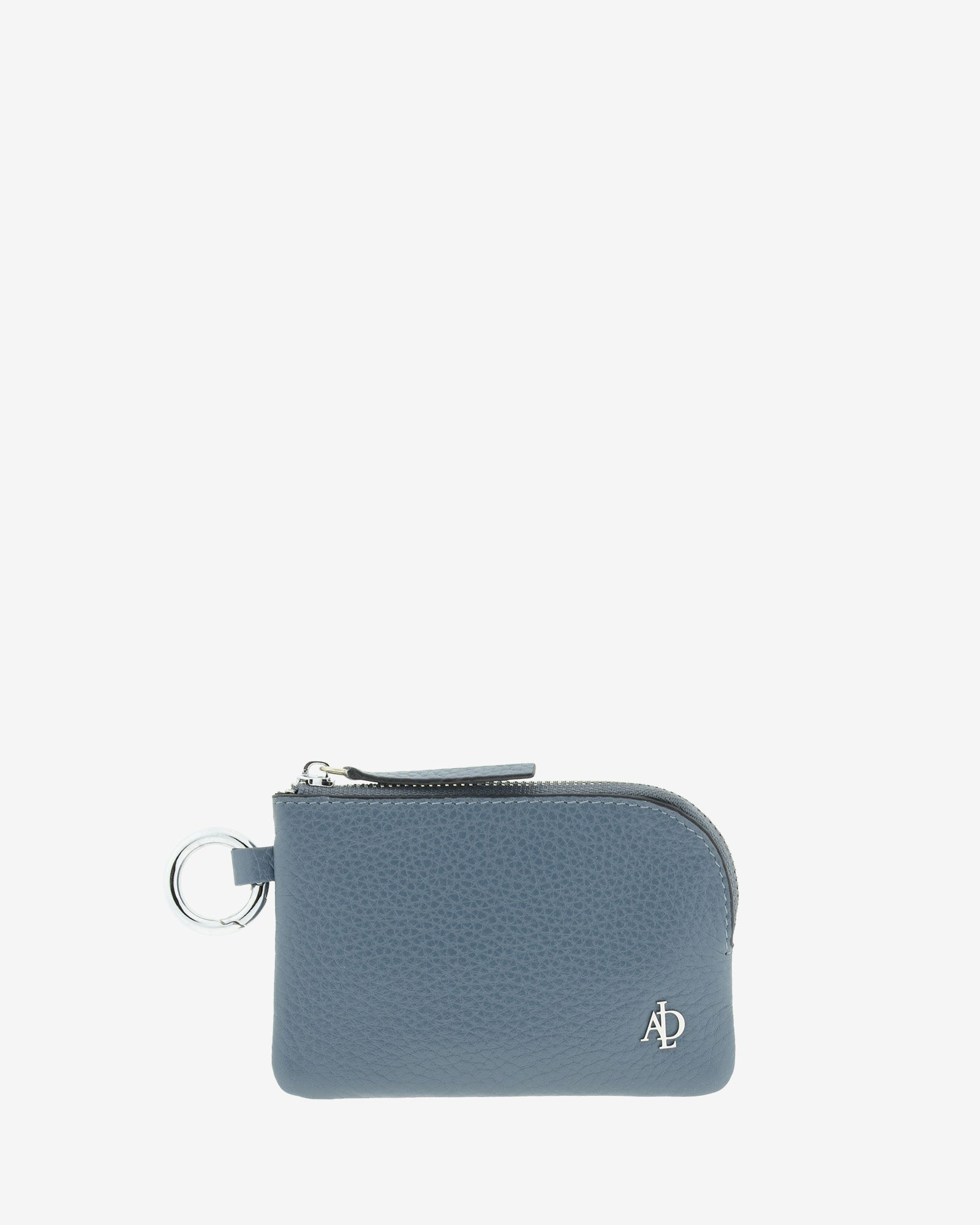 Monedero unisex de piel auténtica granulada de alta calidad, ref. 4258-14 en color azul blue stone, con protección de tarjetas RFID y aro para colgar o para llaves, de la colección Nude, vista frontal