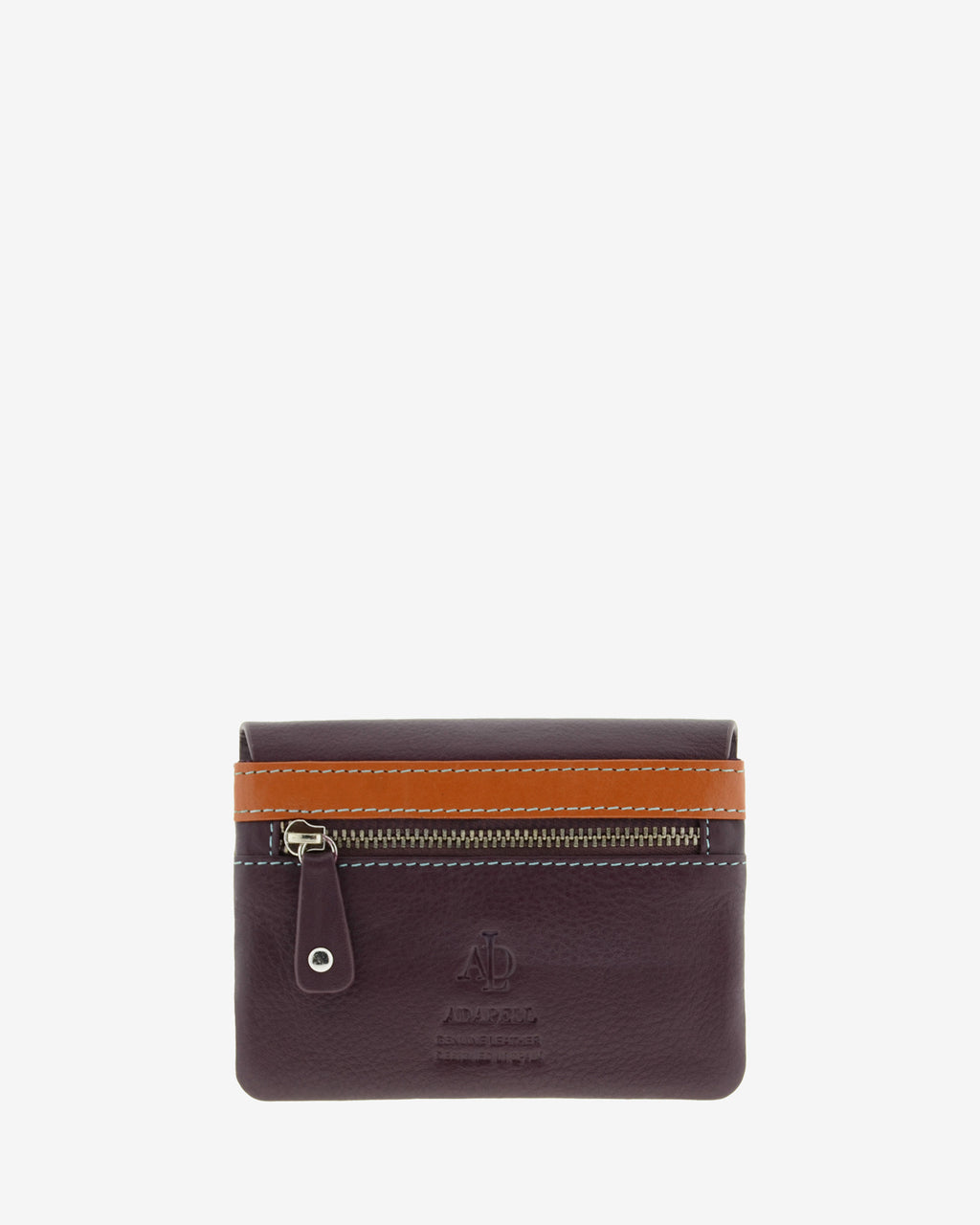 Monedero de piel autentica para mujer en color berenjena, con boquilla interior. Vista  trasera con compartimento cremallera.