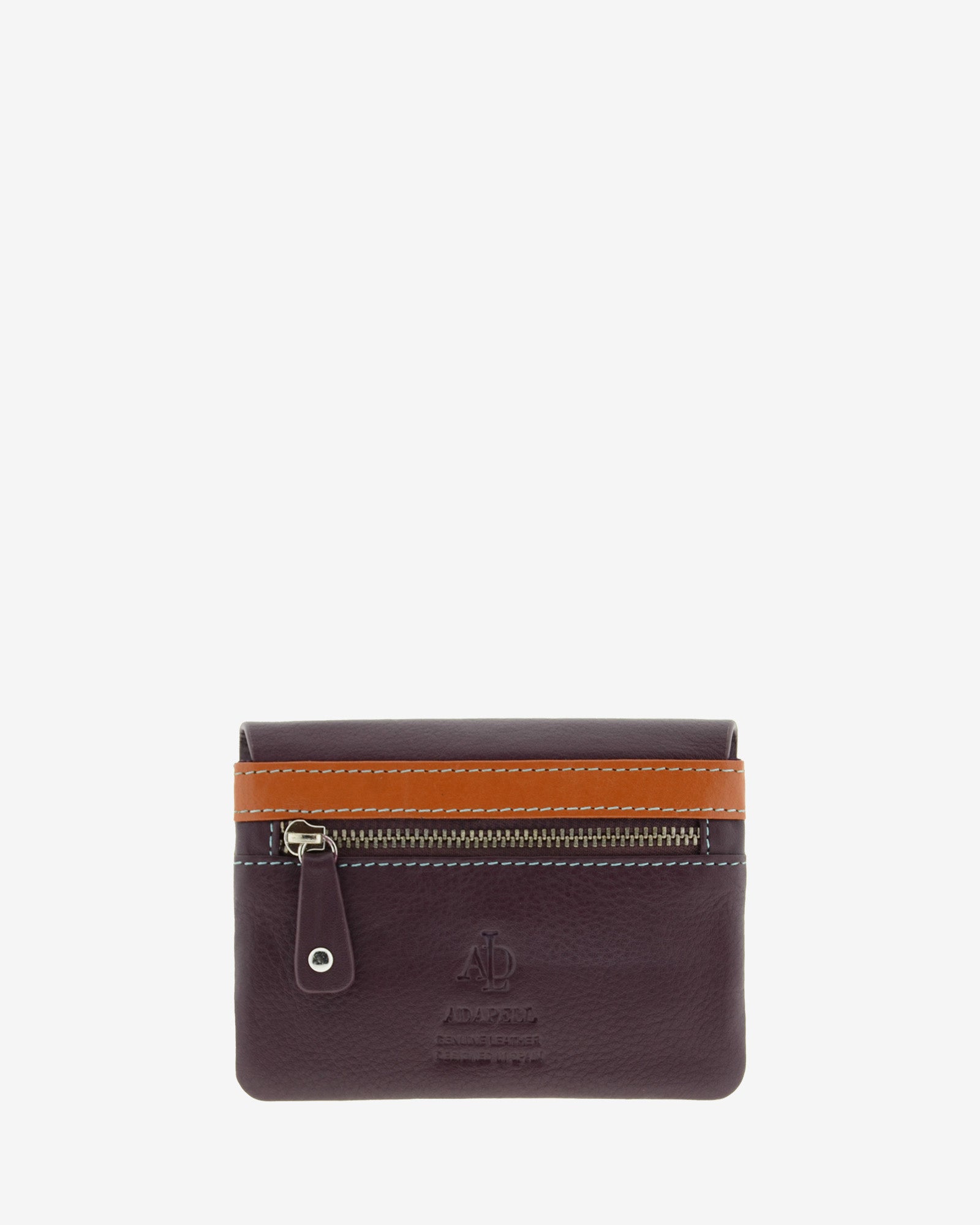 Monedero de piel autentica para mujer en color berenjena, con boquilla interior. Vista  trasera con compartimento cremallera.