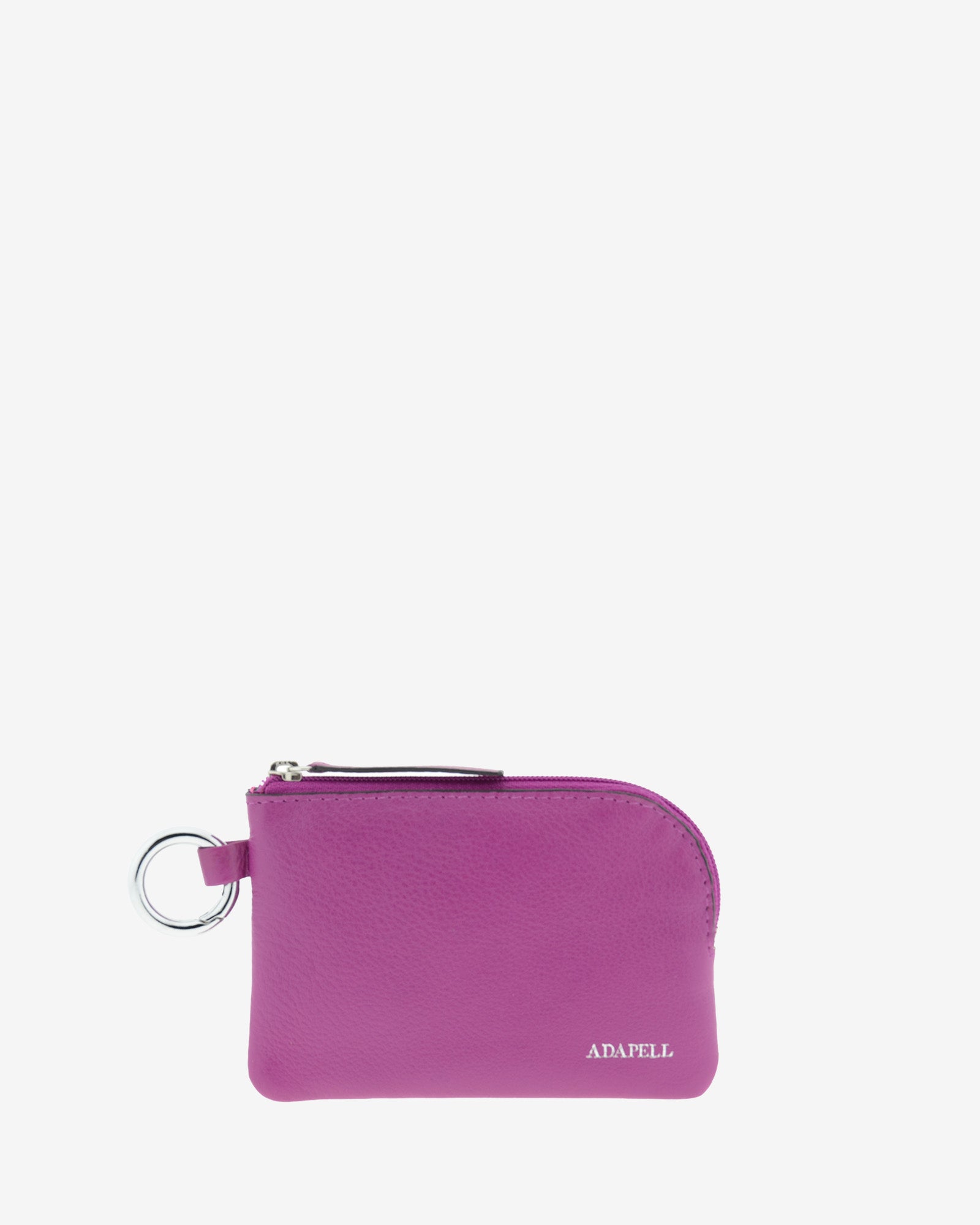 Monedero de piel auténtica ref. 8081-4 en color lila, de medida pequeña y compacta, cierre de cremallera y aro metálico exterior, con protección de tarjetas RFID de la colección Essenza, vista frontal 