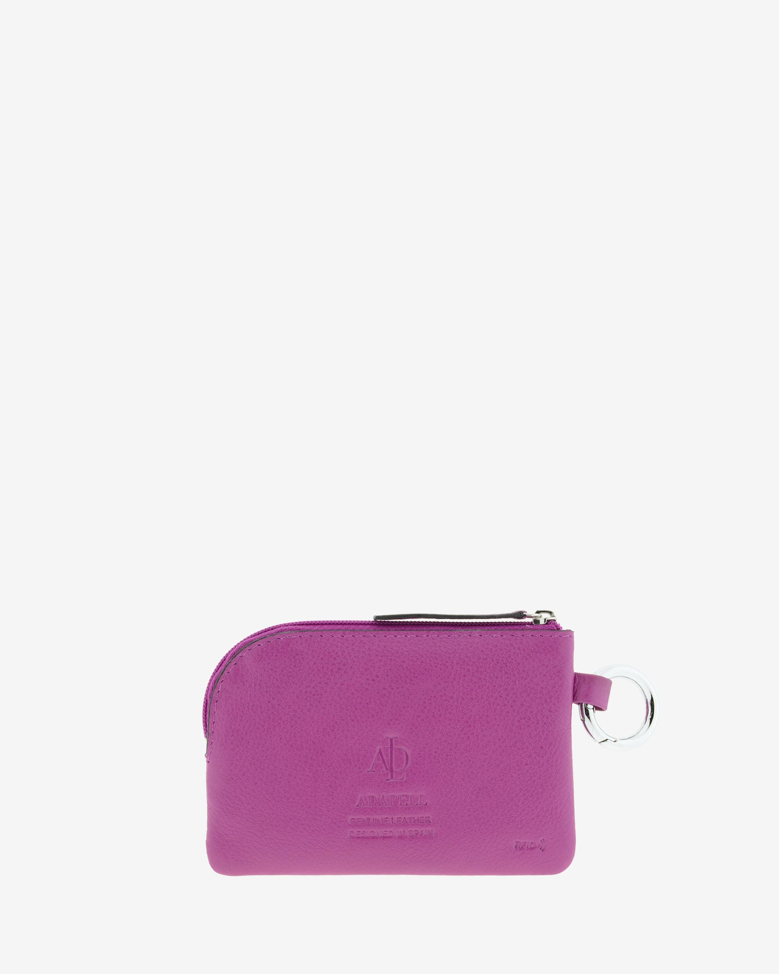 Monedero de piel auténtica ref. 8081-4 en color lila, de medida pequeña y compacta, cierre de cremallera y aro metálico exterior, con protección de tarjetas RFID de la colección Essenza, vista trasera