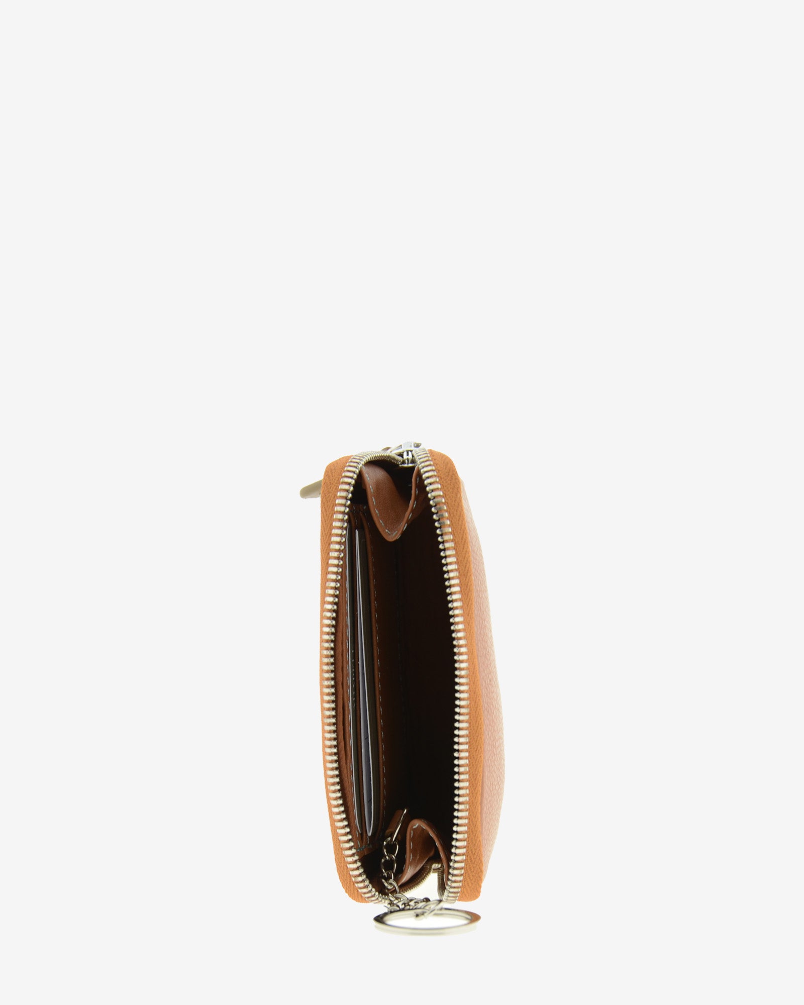 Monedero de mujer en piel genuina de color marrón con cremallera y logo Adapell. Ref. 4241-2. Vista interior con compartimentos tarjetas y llavero.