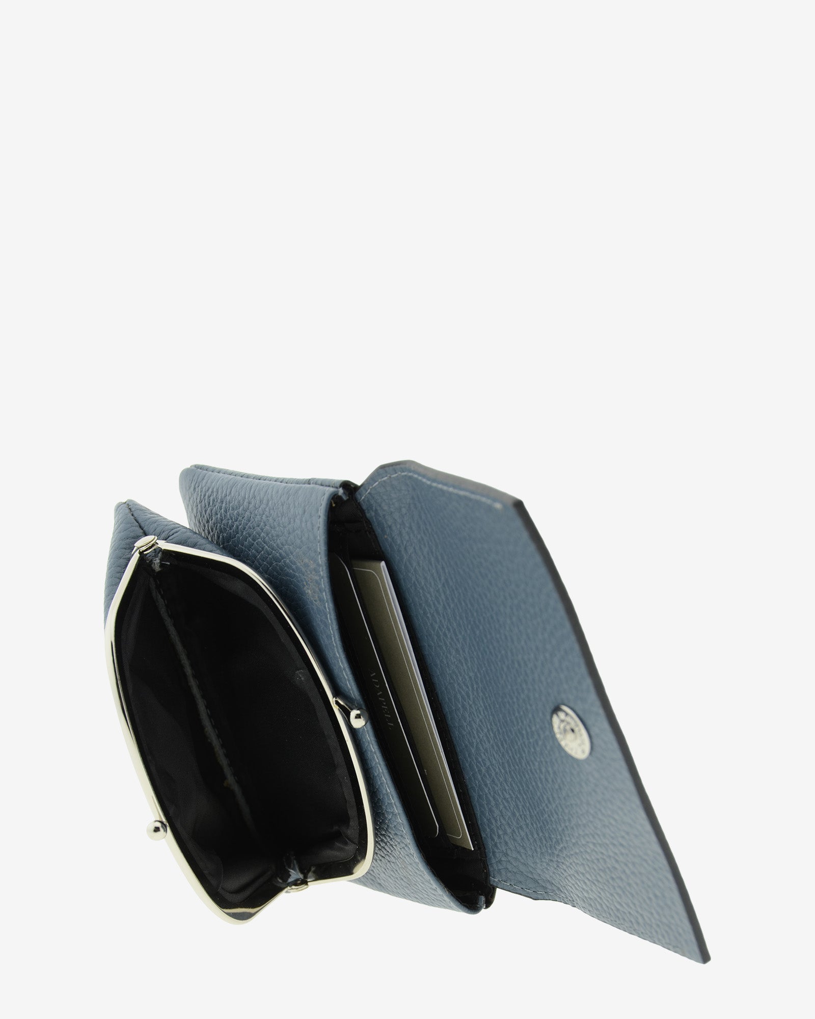 Monedero de mujer en piel auténtica granulada de color azul blue stone, con boquilla interior y protección de tarjetas RFID. De la colección Nude, vista interior