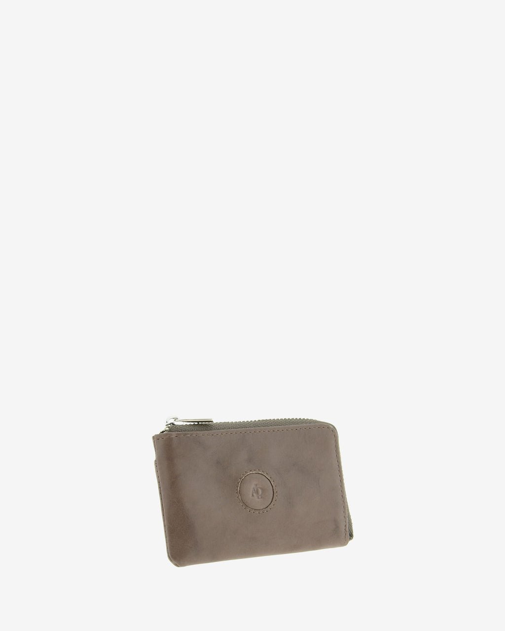 Monedero de piel natural color gris mostrando cremallera superior, tirador metálico y textura exterior, ref. 1594-11