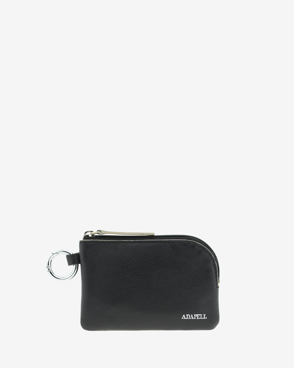 Monedero de piel auténtica ref. 8081-1 en color negro, de medida pequeña y compacta, cierre de cremallera y aro metálico exterior, con protección de tarjetas RFID de la colección Essenza, vista frontal 