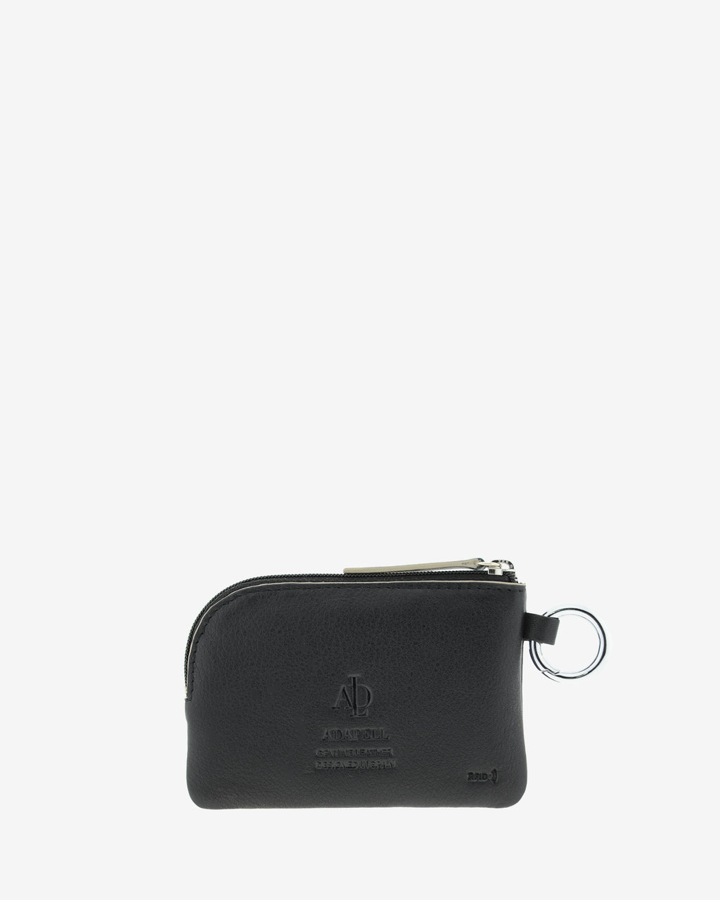 Monedero de piel auténtica ref. 8081-1 en color negro, de medida pequeña y compacta, cierre de cremallera y aro metálico exterior, con protección de tarjetas RFID de la colección Essenza, vista trasera