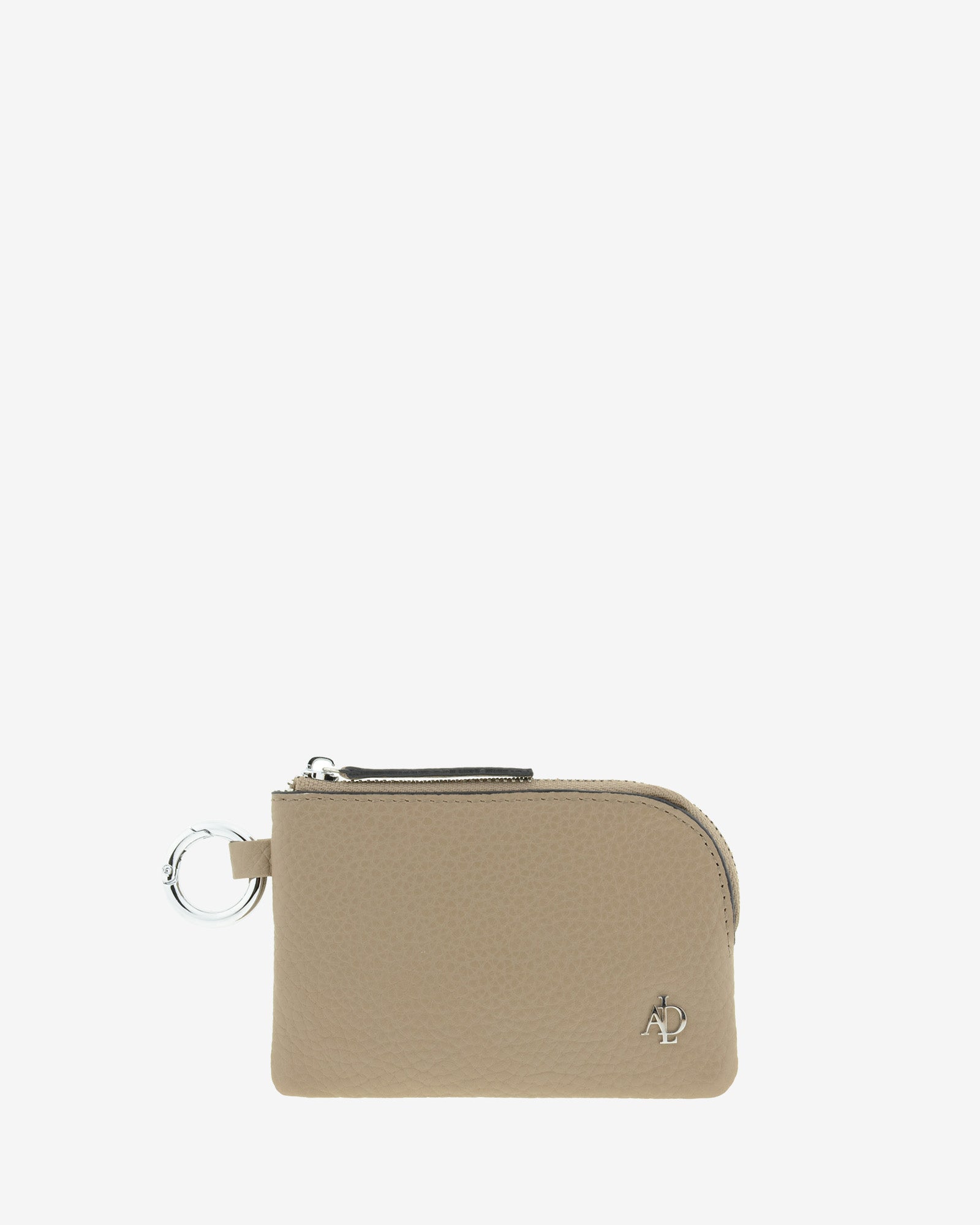 Monedero unisex de piel auténtica granulada de alta calidad, ref. 4258-12 en color topo, con protección de tarjetas RFID y aro para colgar o para llaves, de la colección Nude, vista frontal
