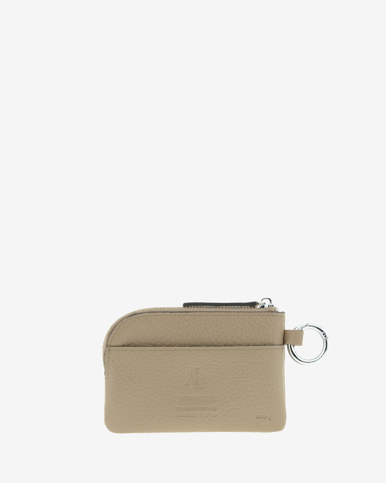 Monedero unisex de piel auténtica granulada de alta calidad, ref. 4258-12 en color topo, con protección de tarjetas RFID y aro para colgar o para llaves, de la colección Nude, vista trasera