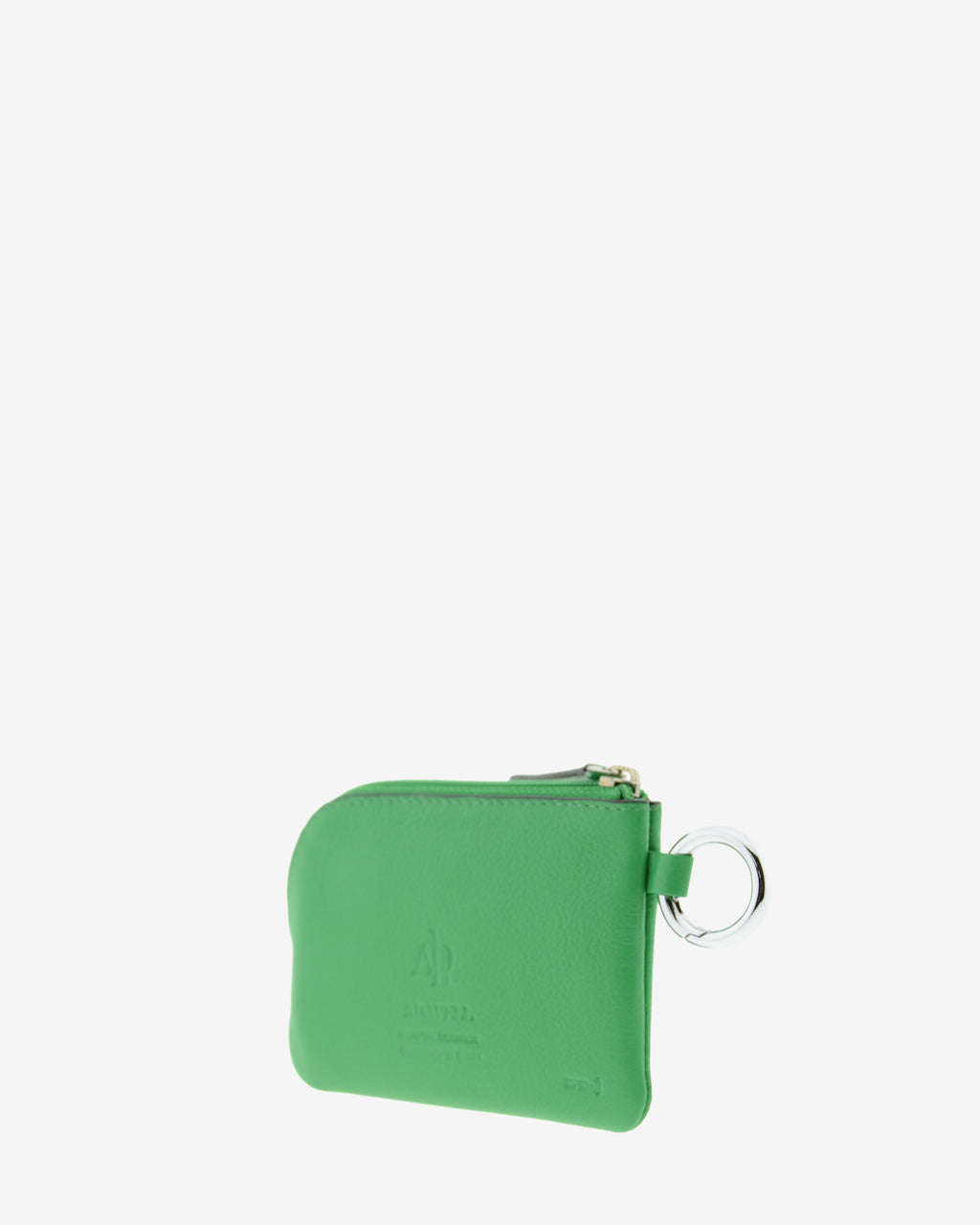 Monedero de piel auténtica ref. 8081-5 en color verde, de medida pequeña y compacta, cierre de cremallera y aro metálico exterior, con protección de tarjetas RFID de la colección Essenza, vista diagonal trasera