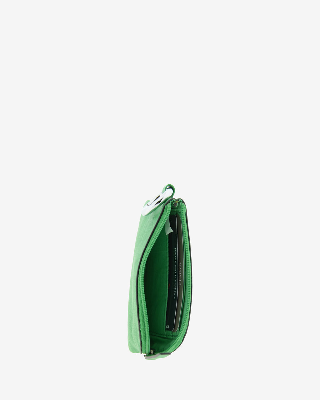 Monedero de piel auténtica ref. 8081-5 en color verde, de medida pequeña y compacta, cierre de cremallera y aro metálico exterior, con protección de tarjetas RFID de la colección Essenza, vista interior