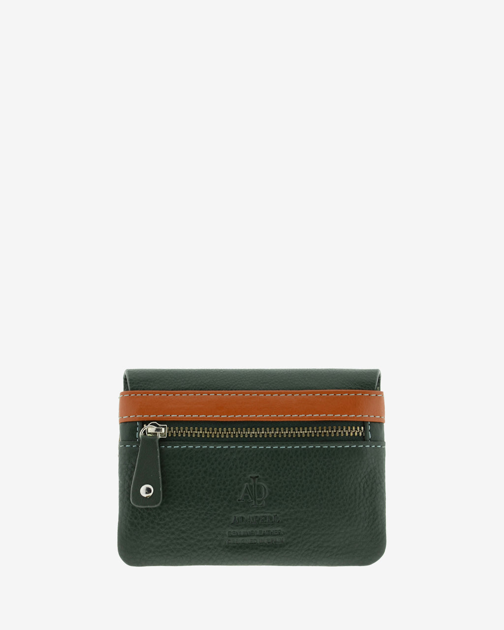 Monedero en piel autentica con boquilla interior, de color verde, liso con logo Adapell. Ref. 4239-5. Vista trasera con compartimento cremallera.