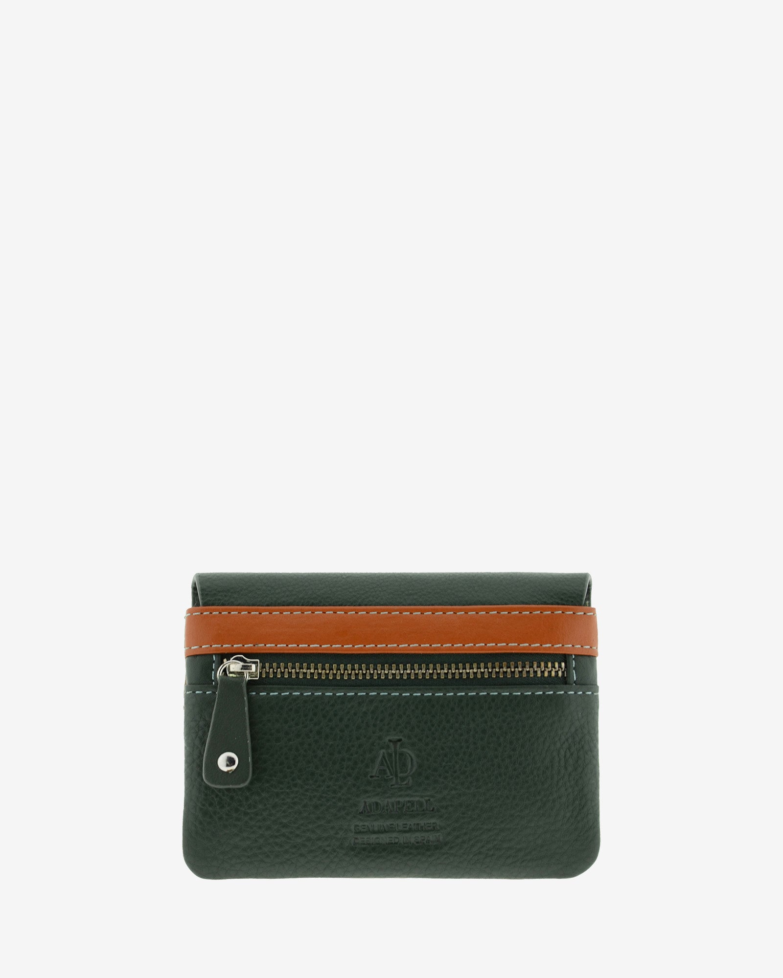 Monedero en piel autentica con boquilla interior, de color verde, liso con logo Adapell. Ref. 4239-5. Vista trasera con compartimento cremallera.
