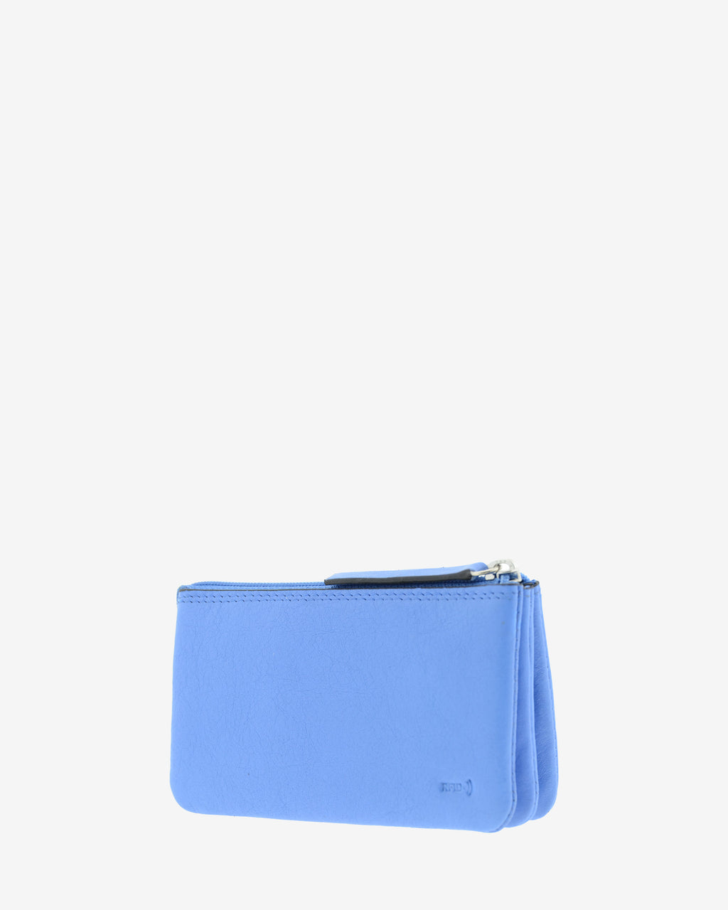 Monedero-tarjetero de piel auténtica ref. 8082-14 en color azul con ribete negro, de medida pequeña y compacta, 5 compartimentos interiores, cierre de cremallera y aro metálico interior, con protección de tarjetas RFID de la colección Essenza, vista diagonal trasera