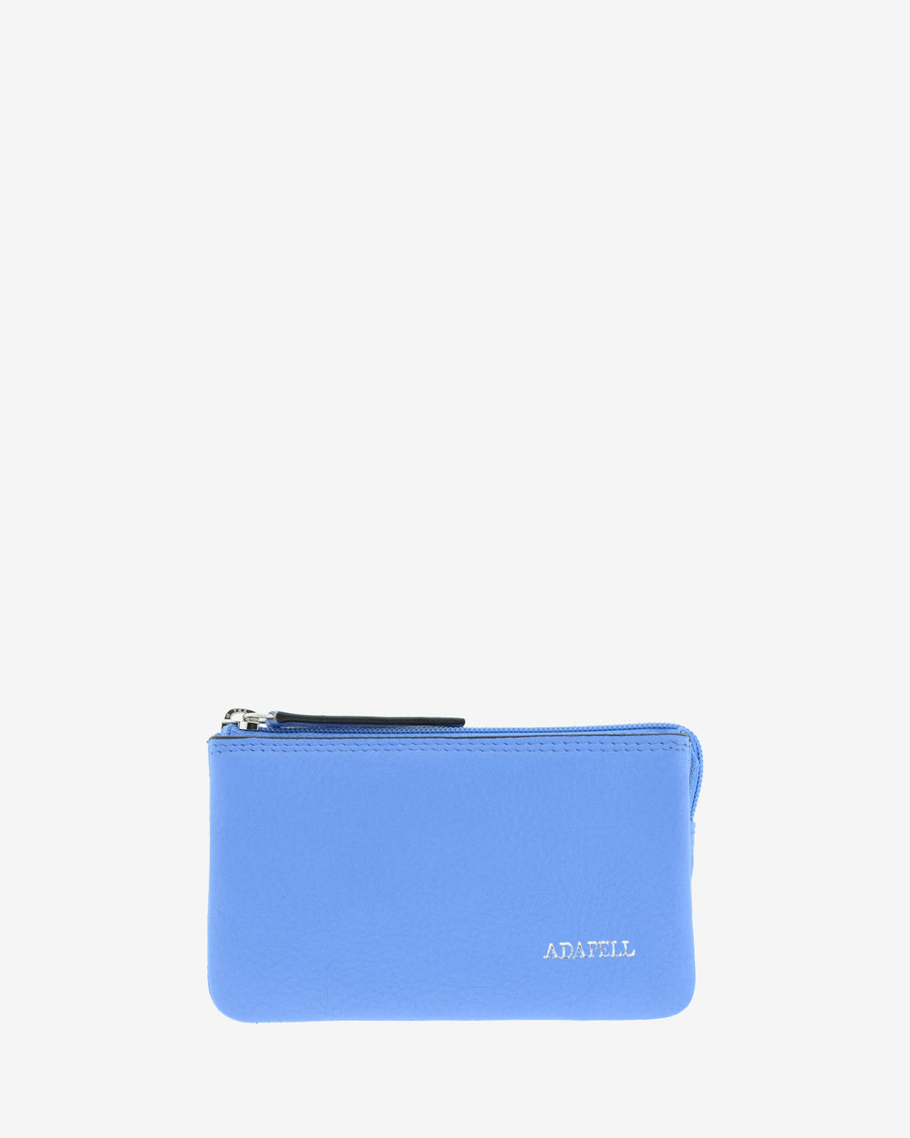 Monedero-tarjetero de piel auténtica ref. 8082-14 en color azul con ribete negro, de medida pequeña y compacta, 5 compartimentos interiores, cierre de cremallera y aro metálico interior, con protección de tarjetas RFID de la colección Essenza, vista frontal