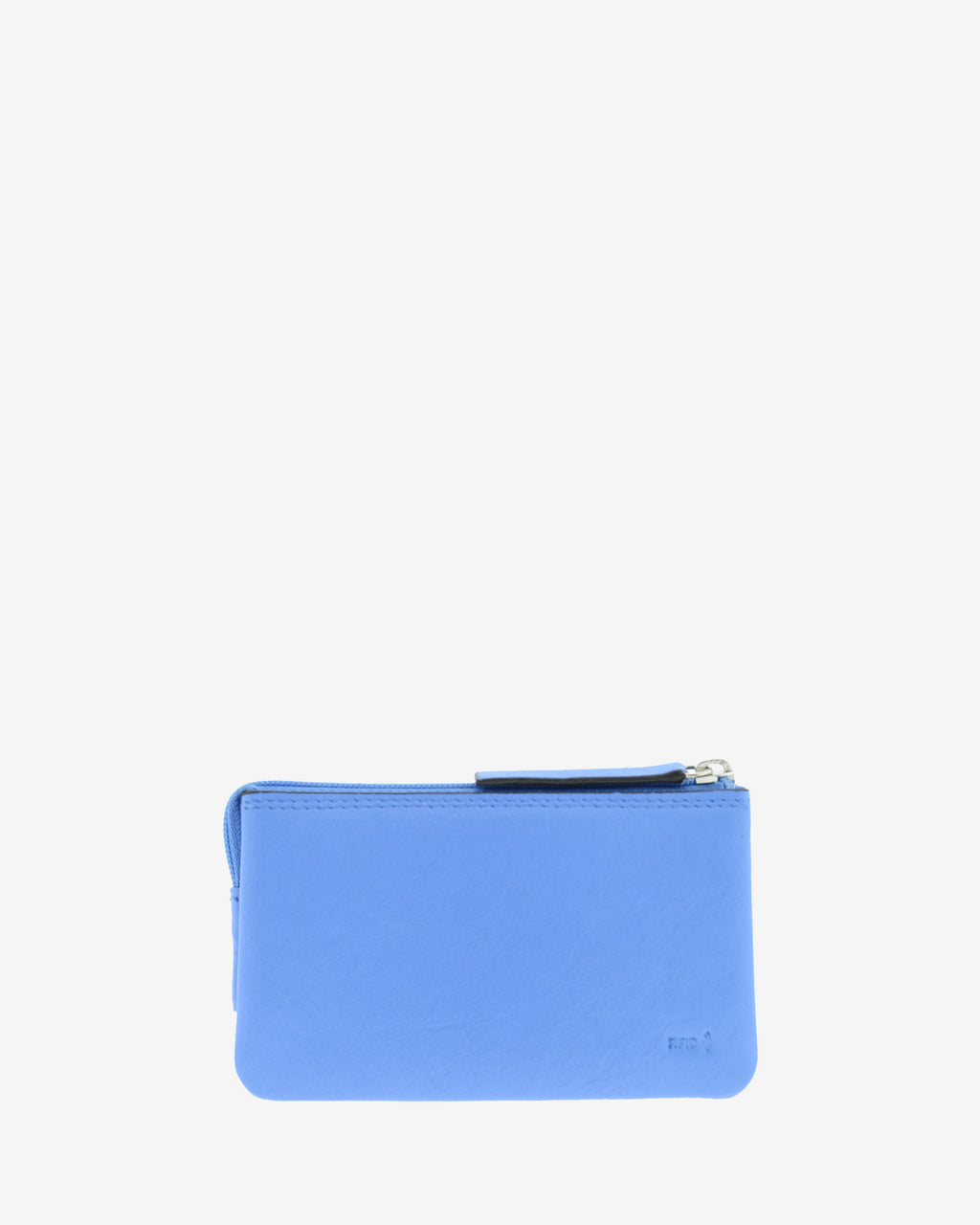 Monedero-tarjetero de piel auténtica ref. 8082-14 en color azul con ribete negro, de medida pequeña y compacta, 5 compartimentos interiores, cierre de cremallera y aro metálico interior, con protección de tarjetas RFID de la colección Essenza, vista trasera