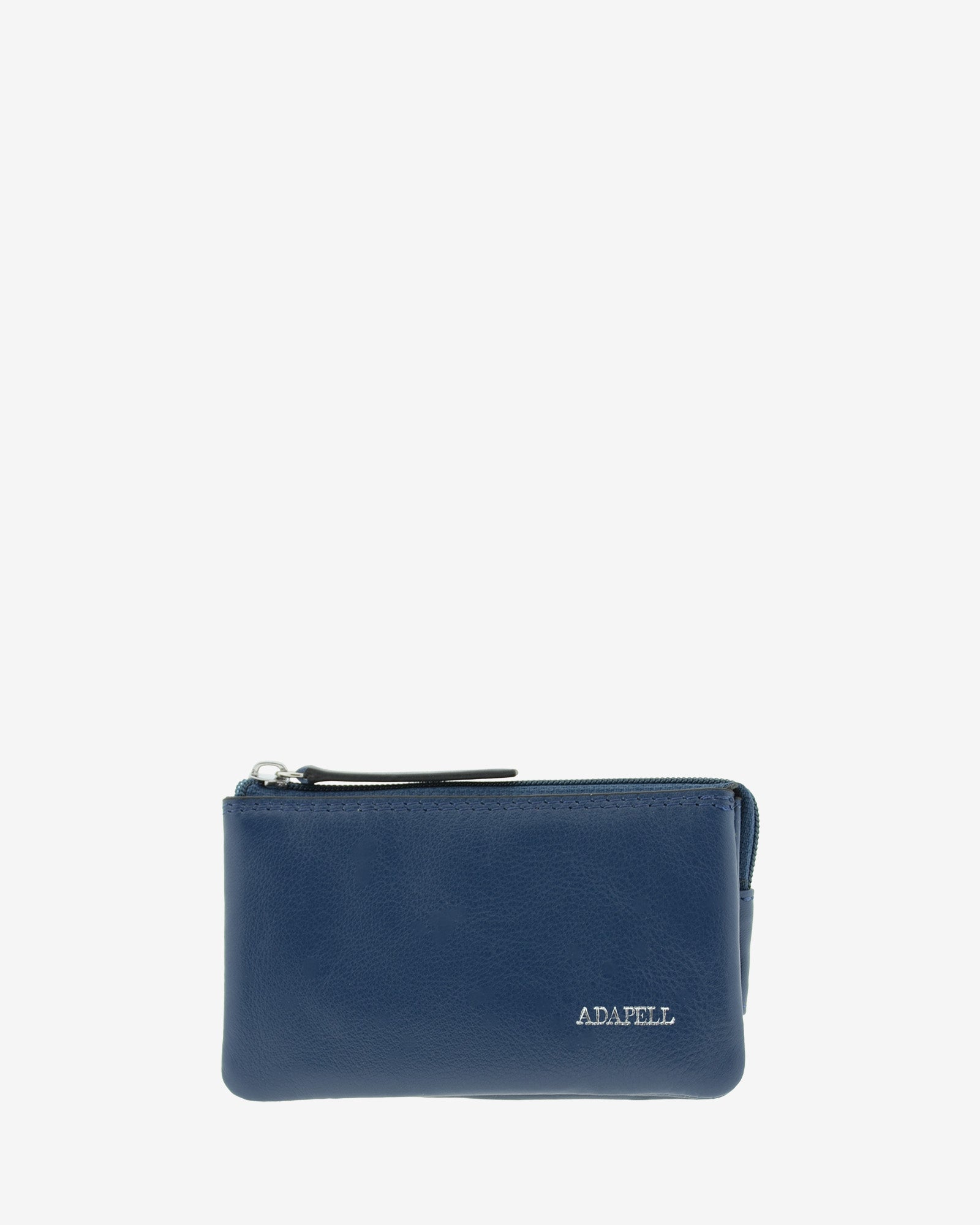 Monedero-tarjetero de piel auténtica ref. 8082-20 en color azul marino con ribete negro, de medida pequeña y compacta, 5 compartimentos interiores, cierre de cremallera y aro metálico interior, con protección de tarjetas RFID de la colección Essenza, vista frontal