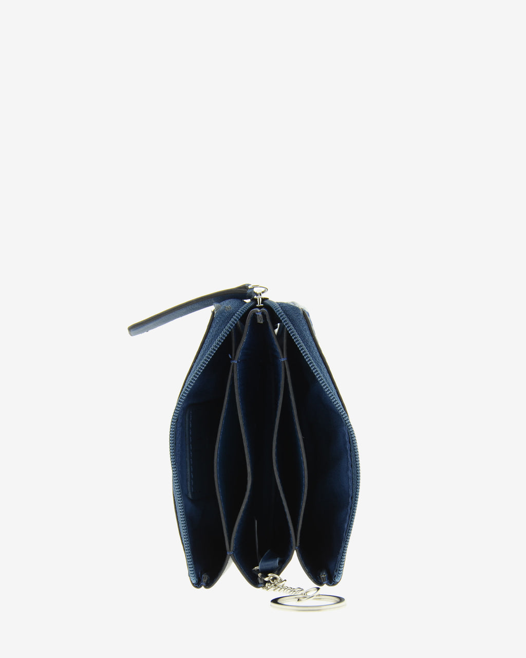Monedero-tarjetero de piel auténtica ref. 8082-20 en color azul marino con ribete negro, de medida pequeña y compacta, 5 compartimentos interiores, cierre de cremallera y aro metálico interior, con protección de tarjetas RFID de la colección Essenza, vista interior