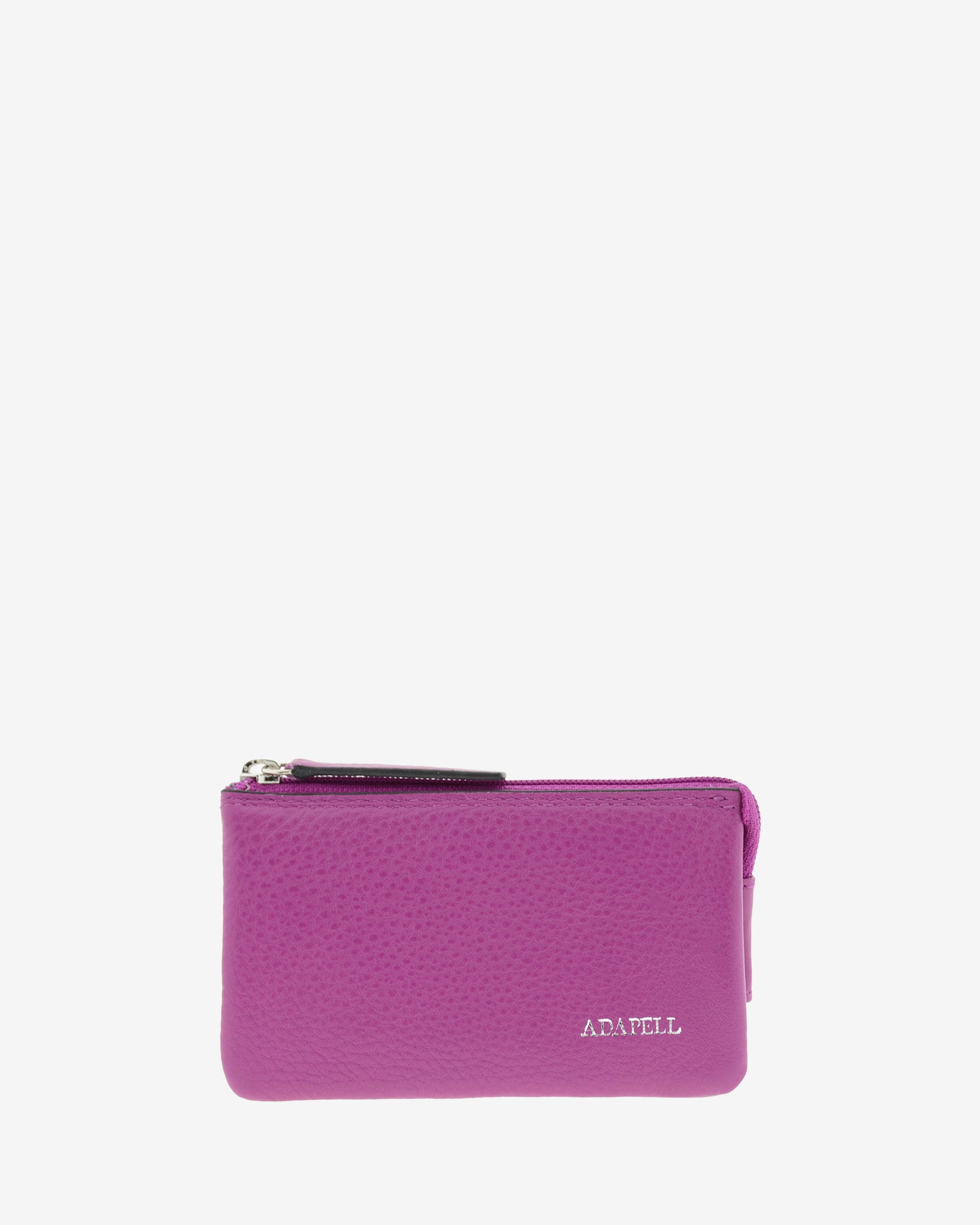 Monedero-tarjetero de piel auténtica ref. 8082-4 en color lila con ribete negro, de medida pequeña y compacta, 5 compartimentos interiores, cierre de cremallera y aro metálico interior, con protección de tarjetas RFID de la colección Essenza, vista frontal