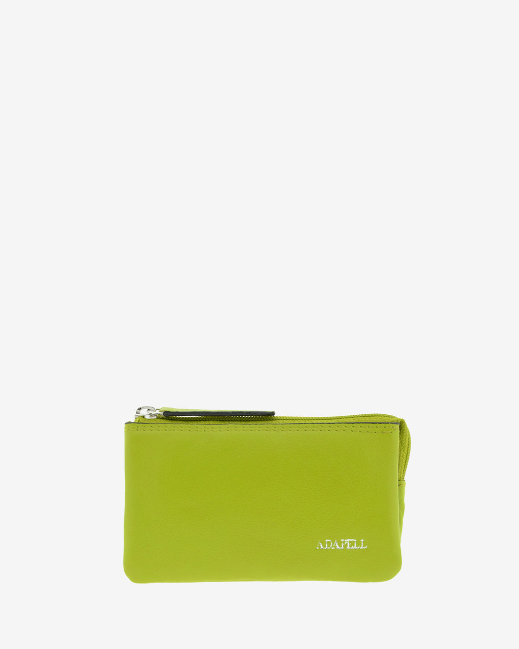 Monedero-tarjetero de piel auténtica ref. 8082-17 en color lima con ribete negro, de medida pequeña y compacta, 5 compartimentos interiores, cierre de cremallera y aro metálico interior, con protección de tarjetas RFID de la colección Essenza, vista frontal