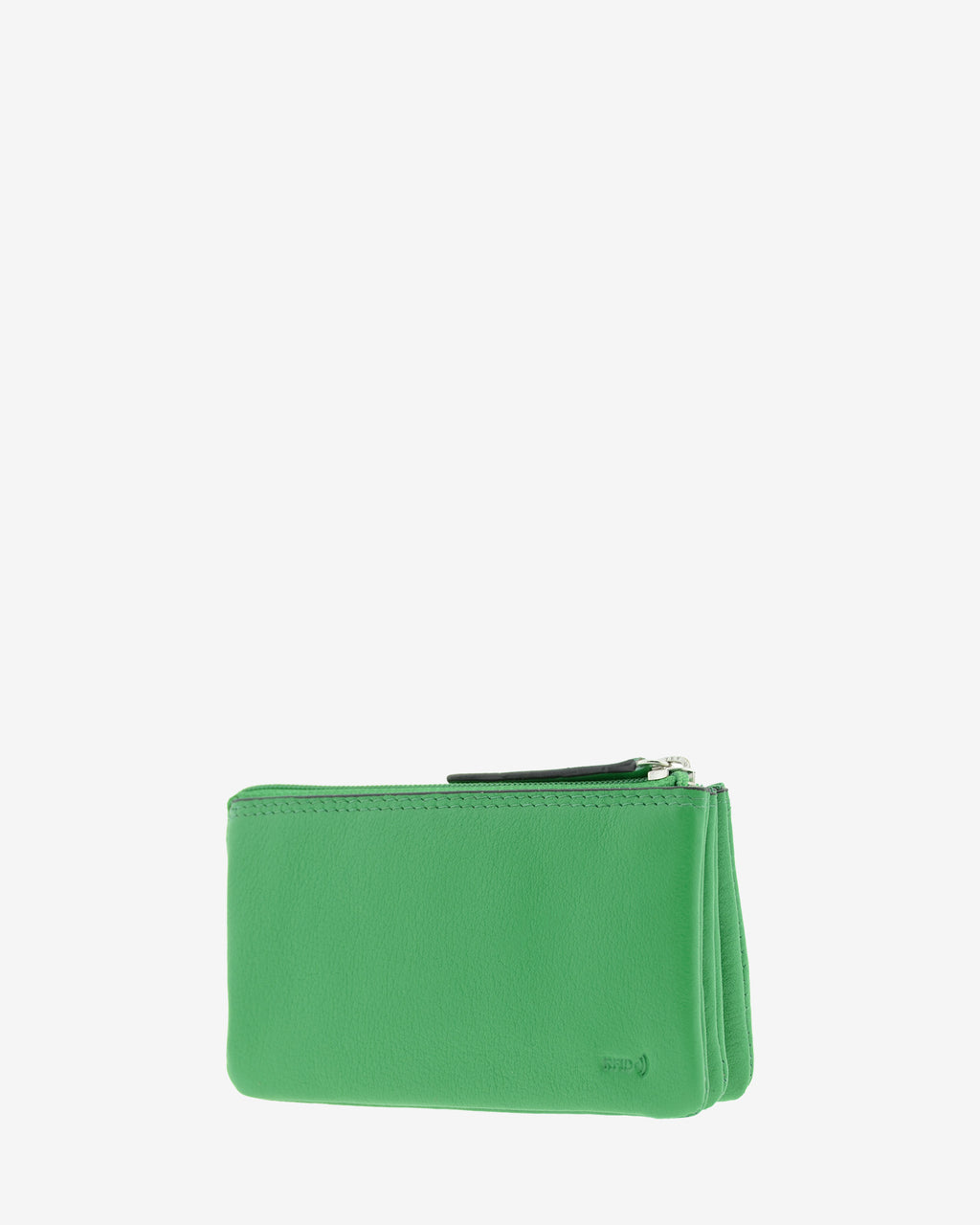 Monedero-tarjetero de piel auténtica ref. 8082-5 en color verde con ribete negro, de medida pequeña y compacta, 5 compartimentos interiores, cierre de cremallera y aro metálico interior, con protección de tarjetas RFID de la colección Essenza, vista diagonal trasera