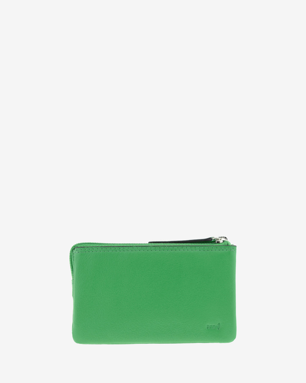 Monedero-tarjetero de piel auténtica ref. 8082-5 en color verde con ribete negro, de medida pequeña y compacta, 5 compartimentos interiores, cierre de cremallera y aro metálico interior, con protección de tarjetas RFID de la colección Essenza, vista trasera