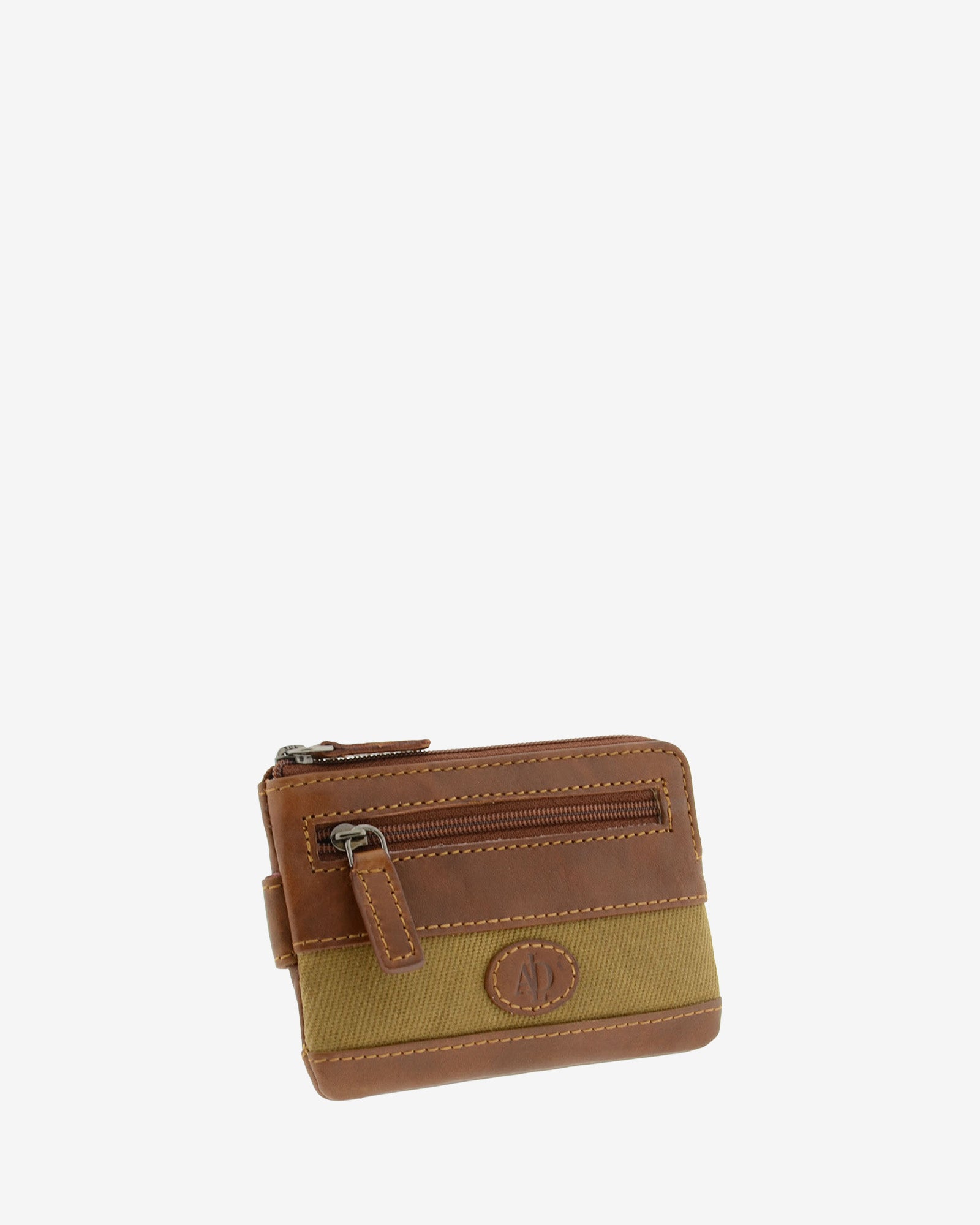 Monedero tarjetero de piel cuero con franja de canvas, vista en ángulo mostrando el bolsillo exterior con cremallera, referencia 1623