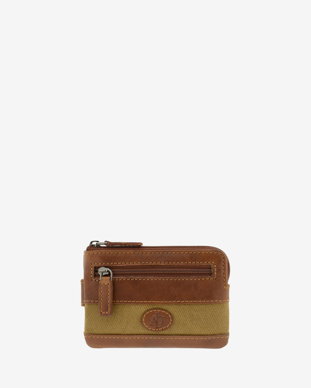 Monedero tarjetero de piel cuero con franja de canvas y cremallera, vista frontal, referencia 1623