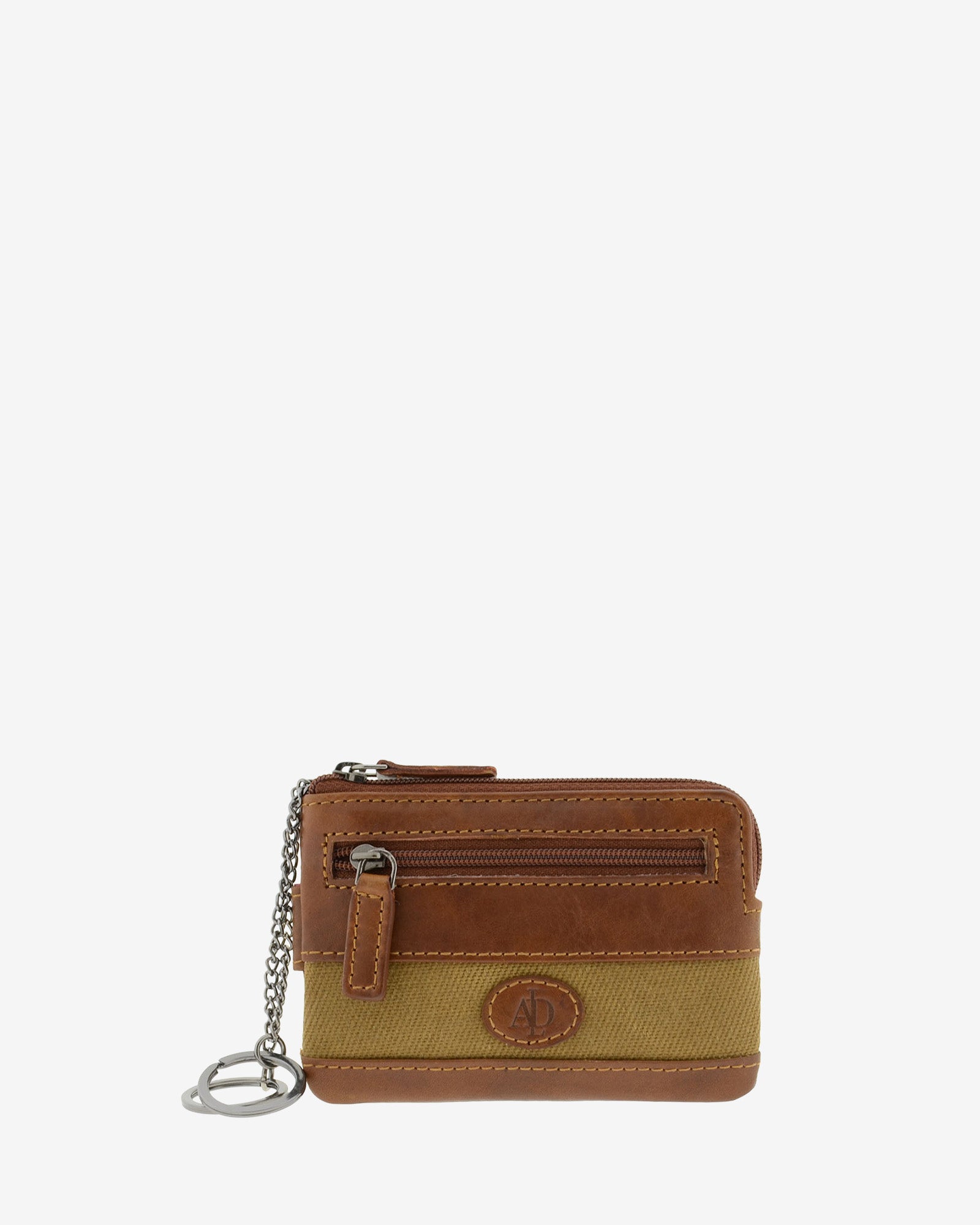 Monedero tarjetero de piel cuero con franja de canvas y llavero de cadena, vista frontal, referencia 1623