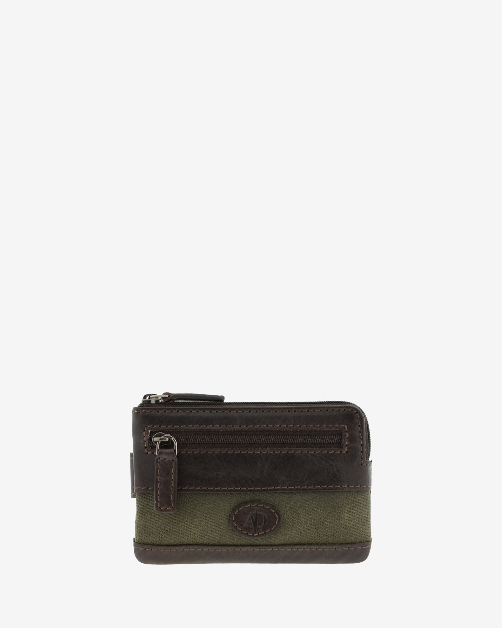 Monedero tarjetero de piel marron con franja de canvas y cremallera, vista frontal, referencia 1623