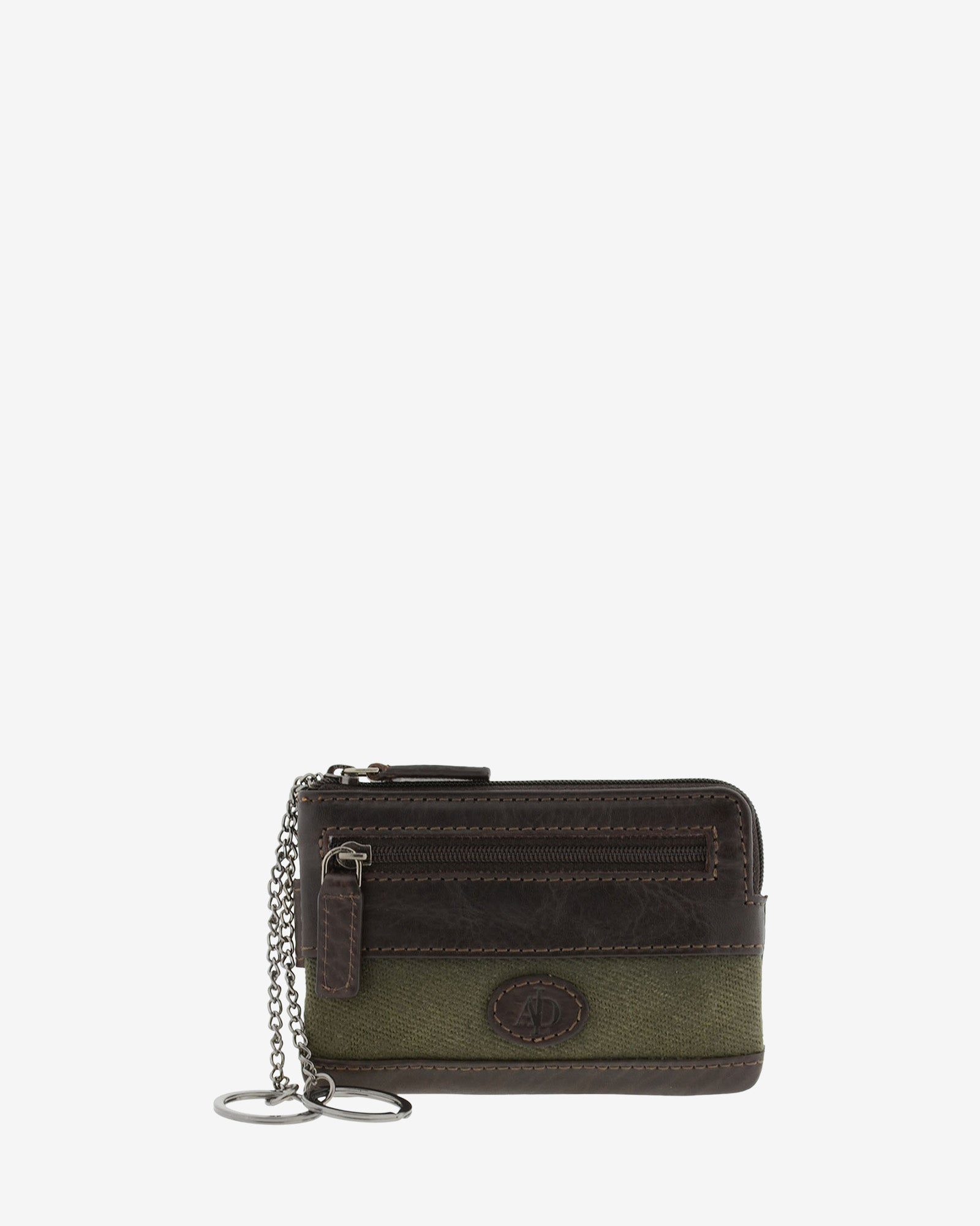 Monedero tarjetero de piel marron con franja de canvas y llavero de cadena, vista frontal, referencia 1623