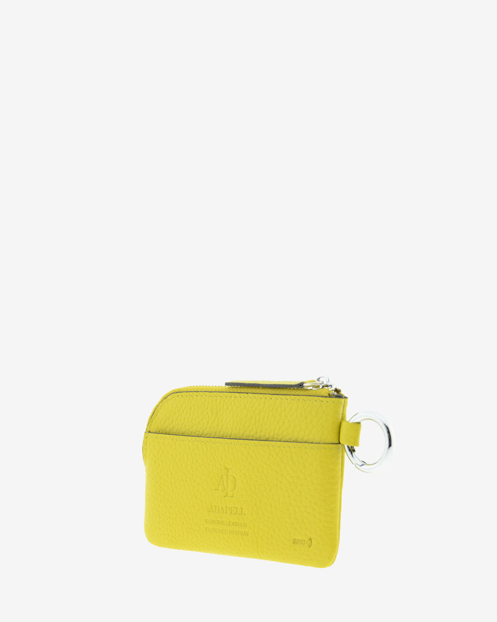 Monedero unisex de piel auténtica granulada de alta calidad, ref. 4258-17 en color amarillo citrine, con protección de tarjetas RFID y aro para colgar o para llaves, de la colección Nude, vista diagonal trasera