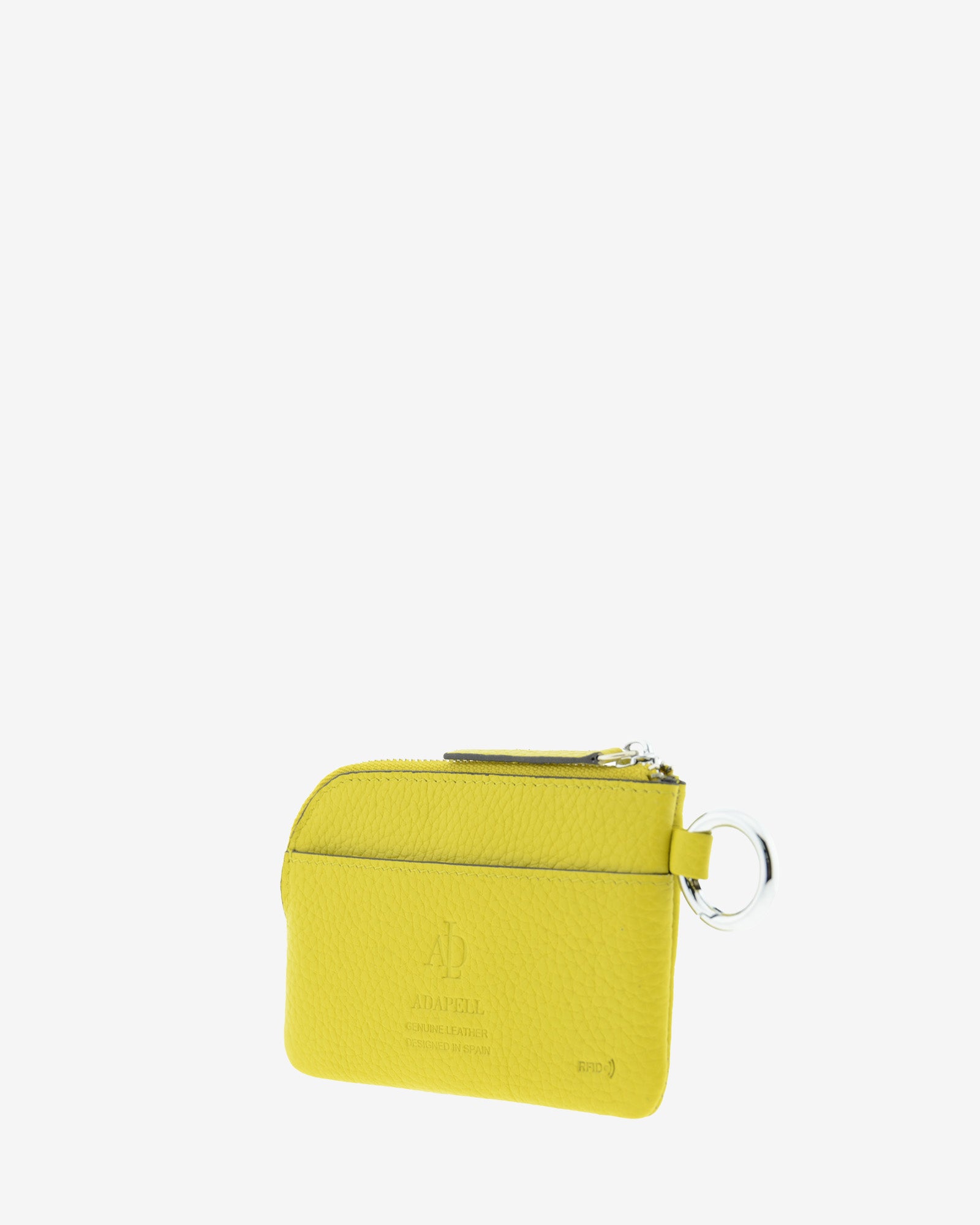 Monedero unisex de piel auténtica granulada de alta calidad, ref. 4258-17 en color amarillo citrine, con protección de tarjetas RFID y aro para colgar o para llaves, de la colección Nude, vista diagonal trasera