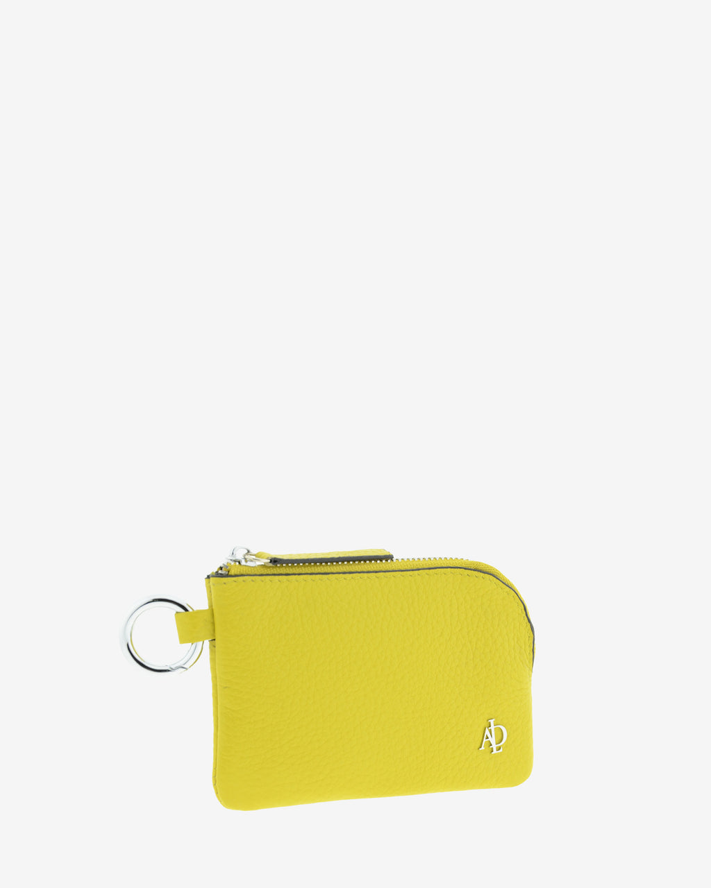 Monedero unisex de piel auténtica granulada de alta calidad, ref. 4258-17 en color amarillo citrine, con protección de tarjetas RFID y aro para colgar o para llaves, de la colección Nude, vista frontal diagonal