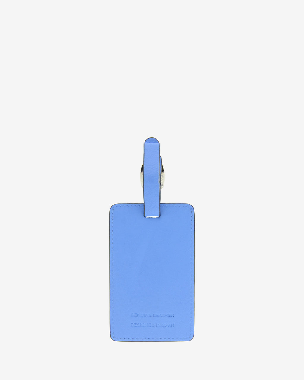 Tag identificador maleta con cierre de hebilla, ref. 8088-14, en piel de color azul y cantos en negro, con logo Adapell, vista trasera