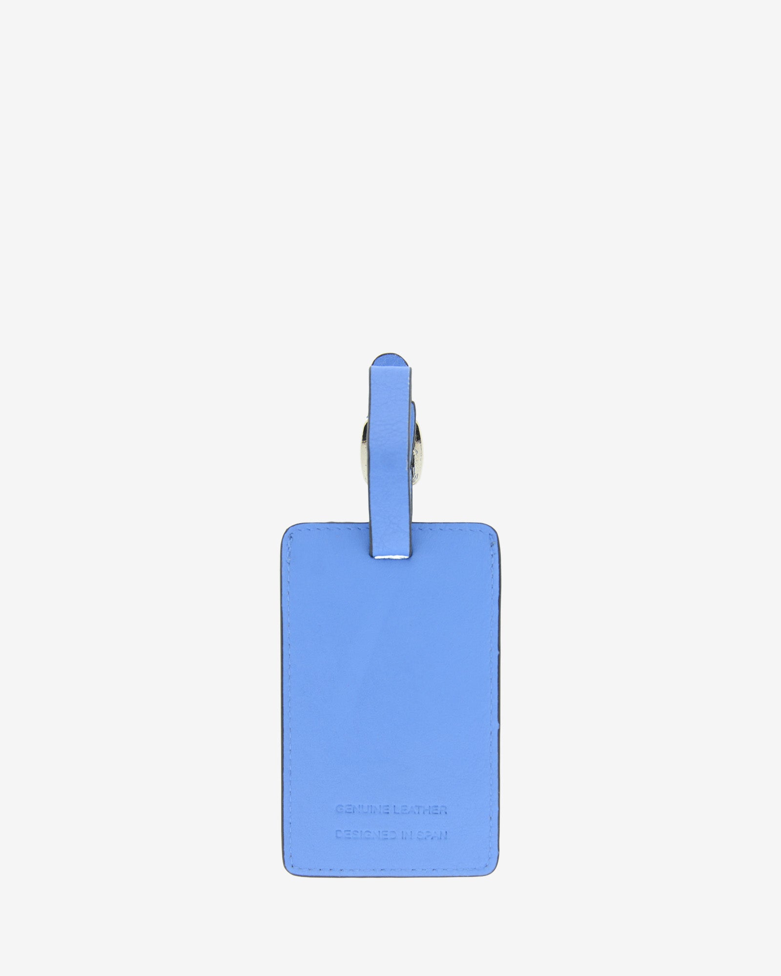 Tag identificador maleta con cierre de hebilla, ref. 8088-14, en piel de color azul y cantos en negro, con logo Adapell, vista trasera