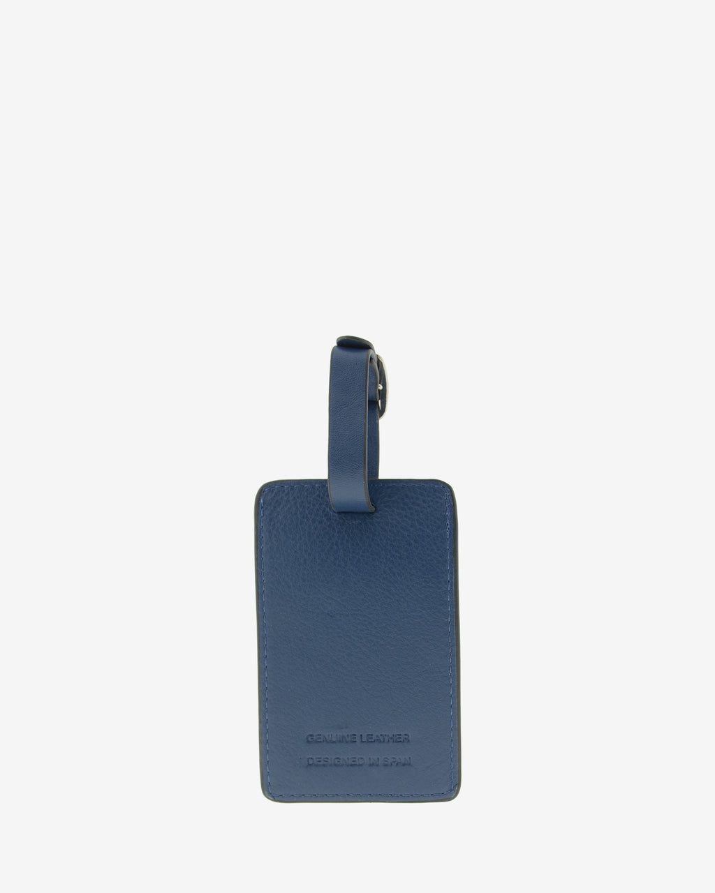 Tag identificador maleta con cierre de hebilla, ref. 8088-20, en piel de color azul marino y cantos en negro, con logo Adapell, vista trasera