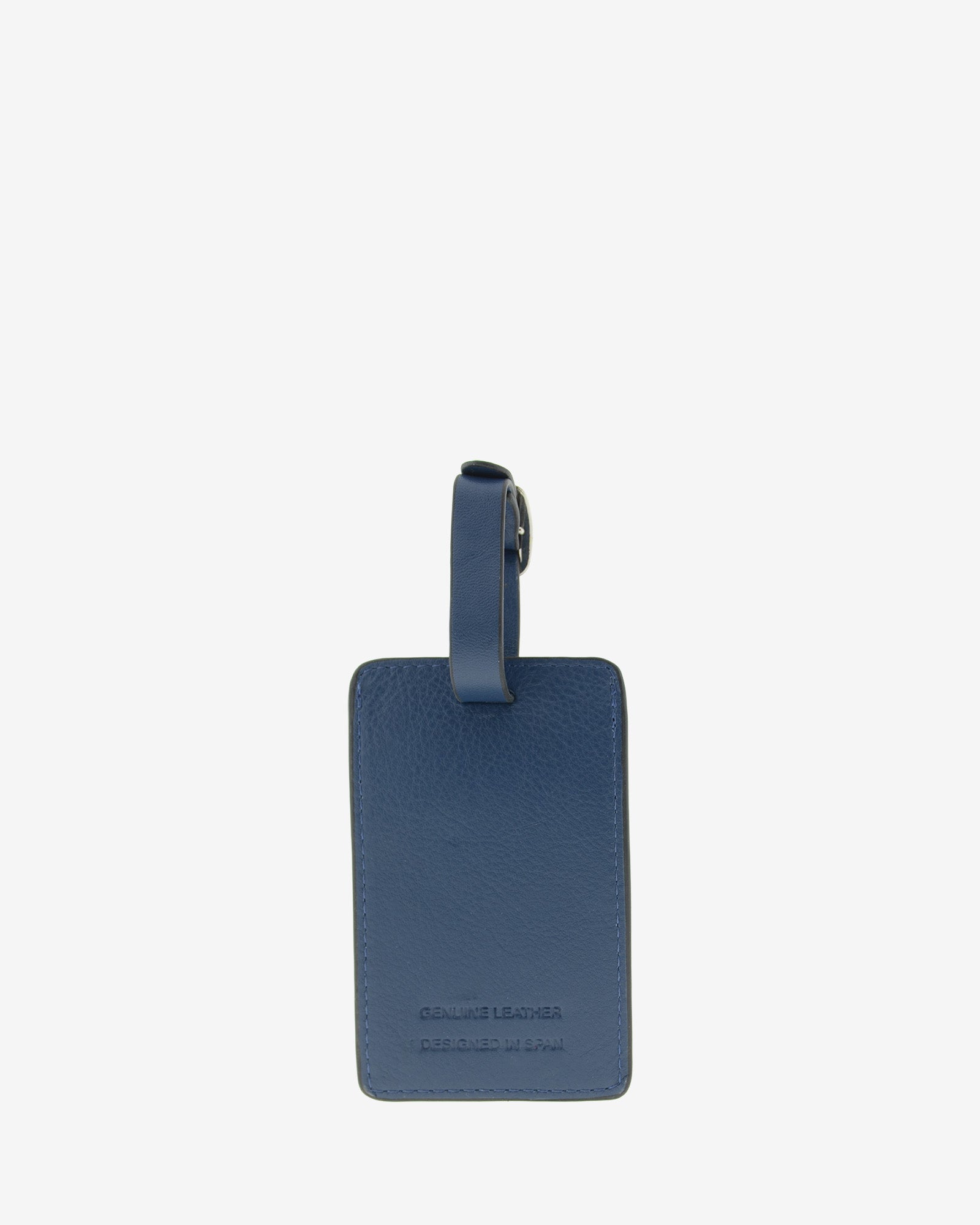 Tag identificador maleta con cierre de hebilla, ref. 8088-20, en piel de color azul marino y cantos en negro, con logo Adapell, vista trasera