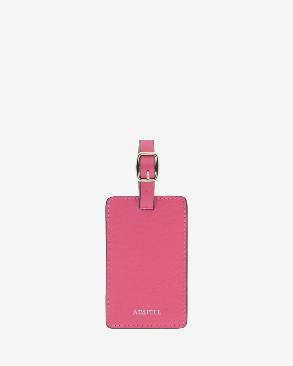 Tag identificador maleta con cierre de hebilla, ref. 8088-25, en piel de color fucsia y cantos en negro, con logo Adapell, vista frontal