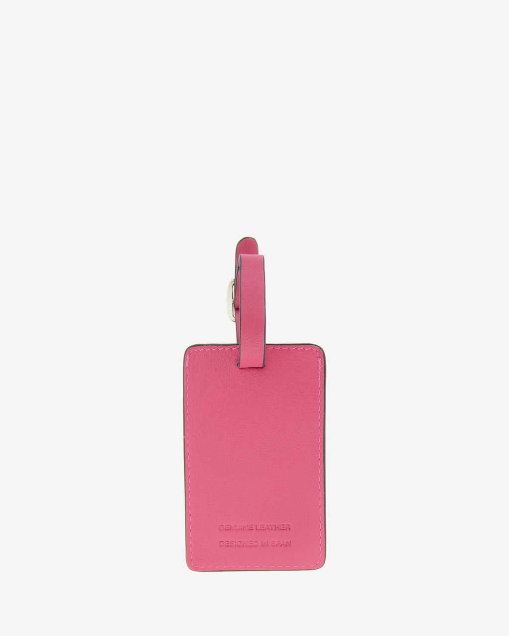 Tag identificador maleta con cierre de hebilla, ref. 8088-25, en piel de color fucsia y cantos en negro, con logo Adapell, vista trasera
