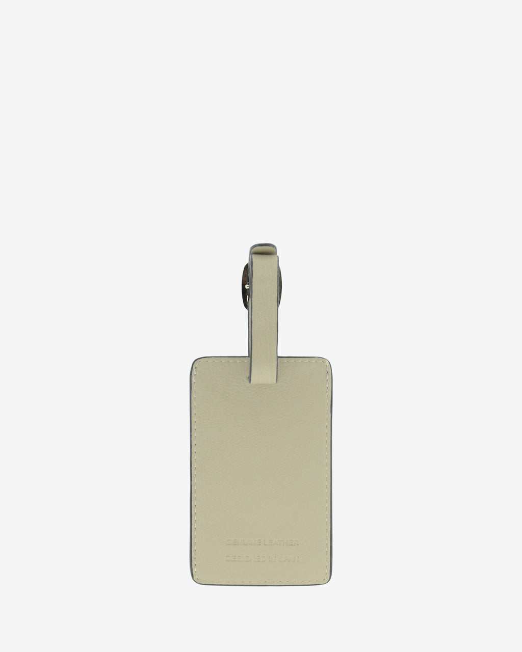 Tag identificador maleta con cierre de hebilla, ref. 8088-12, en piel de color ice stone y cantos en negro, con logo Adapell, vista trasera