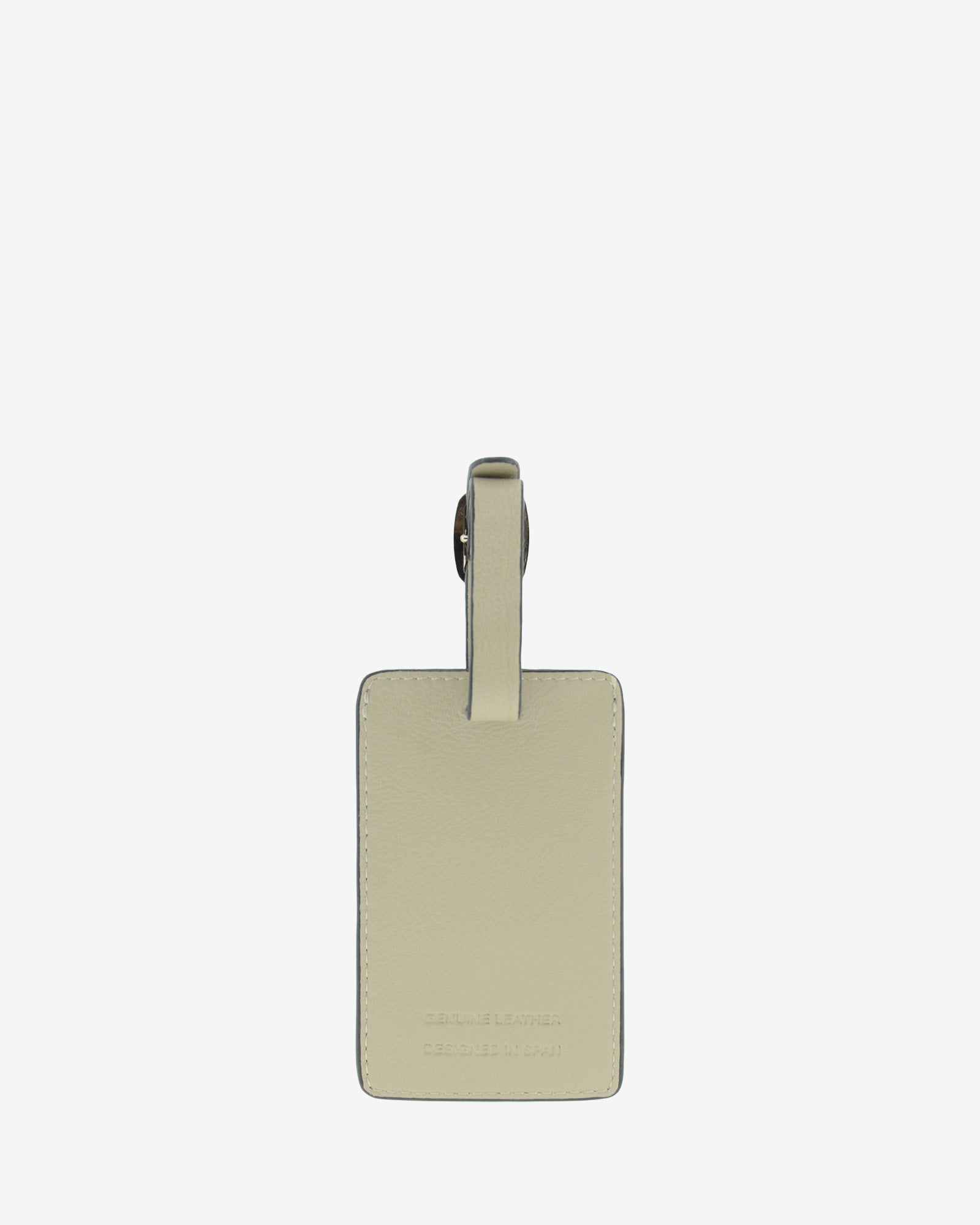 Tag identificador maleta con cierre de hebilla, ref. 8088-12, en piel de color ice stone y cantos en negro, con logo Adapell, vista trasera