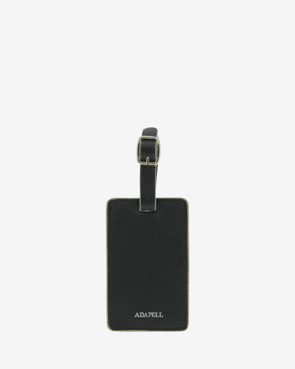 Tag identificador maleta con cierre de hebilla, ref. 8088-1, en piel de color negro y cantos en gris, con logo Adapell, vista frontal