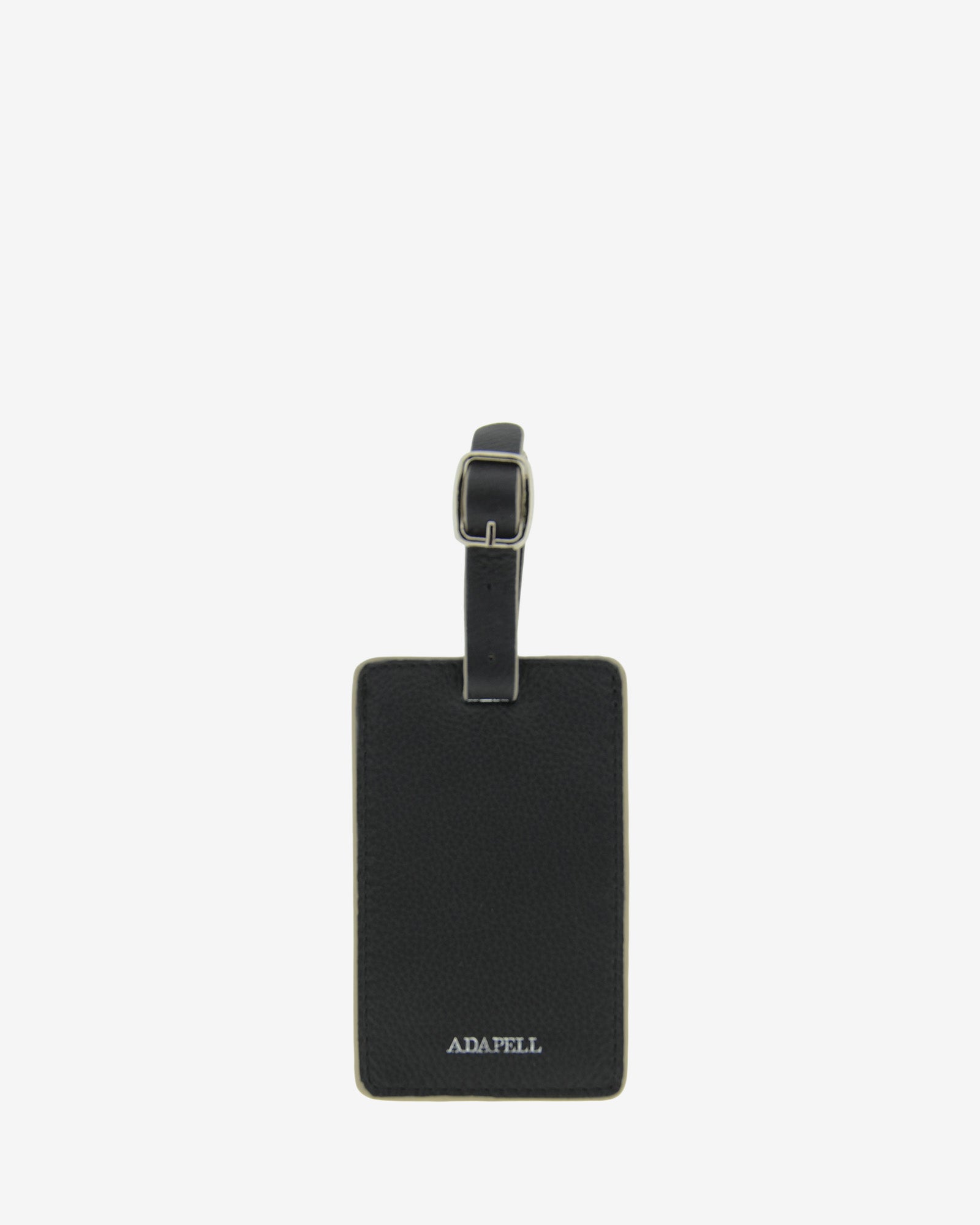 Tag identificador maleta con cierre de hebilla, ref. 8088-1, en piel de color negro y cantos en gris, con logo Adapell, vista frontal